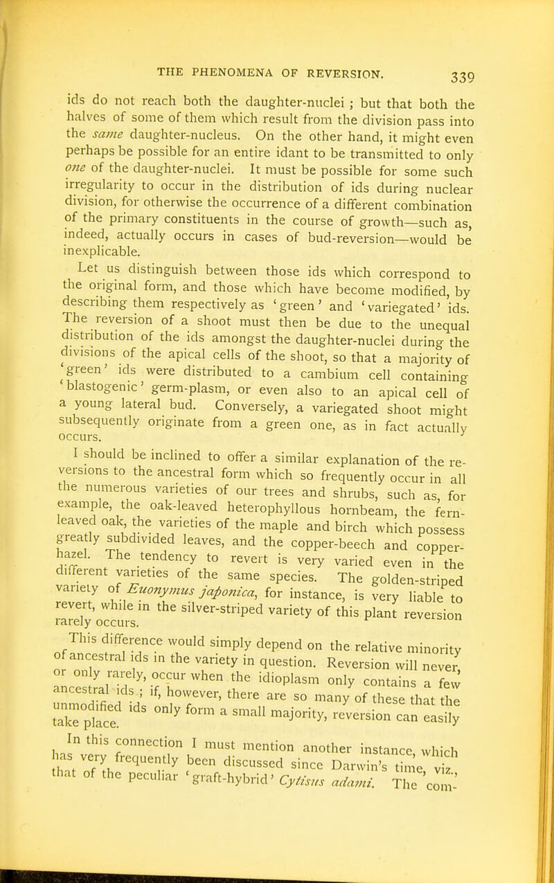 ids do not reach both the daughter-nuclei ; but that both the halves of some of them which result from the division pass into the same daughter-nucleus. On the other hand, it might even perhaps be possible for an entire idant to be transmitted to only one of the daughter-nuclei. It must be possible for some such irregularity to occur in the distribution of ids during nuclear division, for otherwise the occurrence of a different combination of the primary constituents in the course of growth—such as, indeed, actually occurs in cases of bud-reversion—would be inexplicable. Let us distinguish between those ids which correspond to the original form, and those which have become modified, by describing them respectively as 'green' and 'variegated' 'ids. The reversion of a shoot must then be due to the unequal distribution of the ids amongst the daughter-nuclei during the divisions of the apical cells of the shoot, so that a majority of ^green' ids were distributed to a cambium cell containing blastogenic' germ-plasm, or even also to an apical cell of a young lateral bud. Conversely, a variegated shoot might subsequently originate from a green one, as in fact actually occurs. ■' I should be inclined to offer a similar explanation of the re- versions to the ancestral form which so frequently occur in all the numerous varieties of our trees and shrubs, such as for example, the oak-leaved heterophyllous hornbeam, the fern- leaved oak, the varieties of the maple and birch which possess greatly subdivided leaves, and the copper-beech and copper- hazel. The tendency to revert is very varied even in the different varieties of the same species. The golden-striped variety oi Euonymus japonica, for instance, is very liable to mreTy occms' ^'^^^^-^^^P^d variety of this plant reversion This difference would simply depend on the relative minority of ancestral ids in the variety in question. Reversion will never or only rai^ly, occur when the idioplasm only contains a few ancestral ids ; if, however, there are so many of th se that tie takTpt: ^ -ersion can :!:!;; In this connection I must mention another instance which as very frequently been discussed since Darwin's time^^ vif that of the peculiar 'graft-hybrid' Cytisus adami. The com'