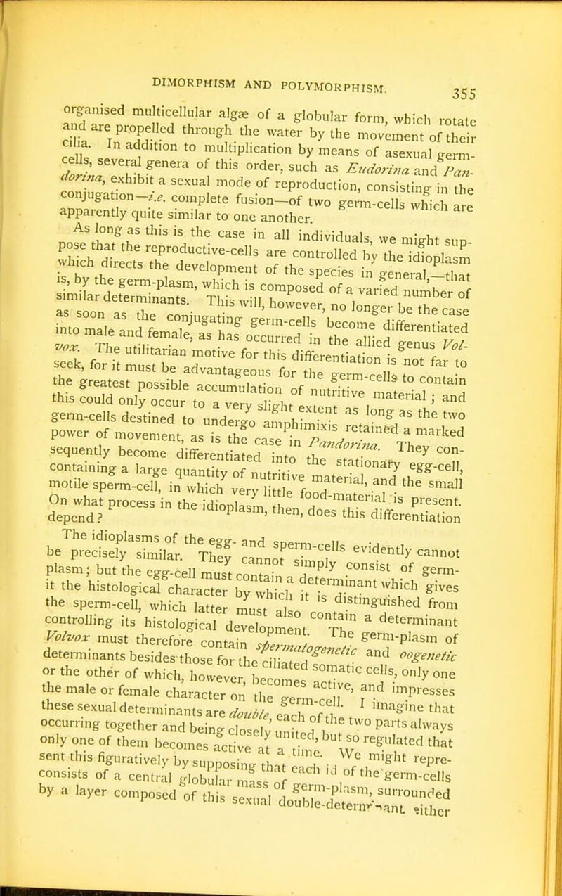 organised multicellular alg^ of a globular form, which rotate Sa^'l'T-'' '^^ '''' '-^^^^ ^y'^' movement of^Sr cum In addition to multiplication by means of asexual germ- rv^f'^^^-d^^^-- conZ'^r °^ reproduction, consisting in the conjugation-.... complete fusion-of two germ-cells which ai-e apparently quite similar to one another 'cn aie nn^^M?? r '^'^ ^^'^ individuals, we might sun wh h dt tVtrdtT^^^^^^ T ^^'S. vvnicn directs the development of the species in general -tli^f s fJr ft ml 'f r T''' ^'^'^ clifferentiation is not far to sequently become differentiateH int. They con- contain™, a ,ar,e qnar;r„'„Set,:rr ..rli motile sperm-cell, in which verv littl. ' ^''^ ^'^^ On vvhat process n the idiopS in T ™^^^^^ P^'^^^*- depend ? >a,oplasm, then, does this differentiation The idioplasms of the eee-- anH <:n»^ n be precisely similar. Thf y cannot s™f ' plasm; but the egg-cell must cont.l ^ °f S^™ it the histologicafchara^r rythh t'?^^^ ^'^^ the sperm-cell, which latter distinguished from controlling its ^istollJi^ fdeXtnt'Th ' F^W must therefore contain T . g-erm-plasm of determinants besides those t theS:^^^^^^^^ ''■^''-^^ or the othdr of which, howeve be ol' 'T''' '''''' the male or female clwacter S Z ^L .T' 'P'^ these sexual determinants are efchoftt:. occurring together and being closet' uniL , f '° P''' ■'^'^^''^>'^ only one of them becomes active ' ,'° '^'^^^ ^'^^^ sent this figuratively by sup^o i^/t at ad.'i 11;.,'^'^ consists of a central globu ar im« nf ^''^ fi^^™-«lls