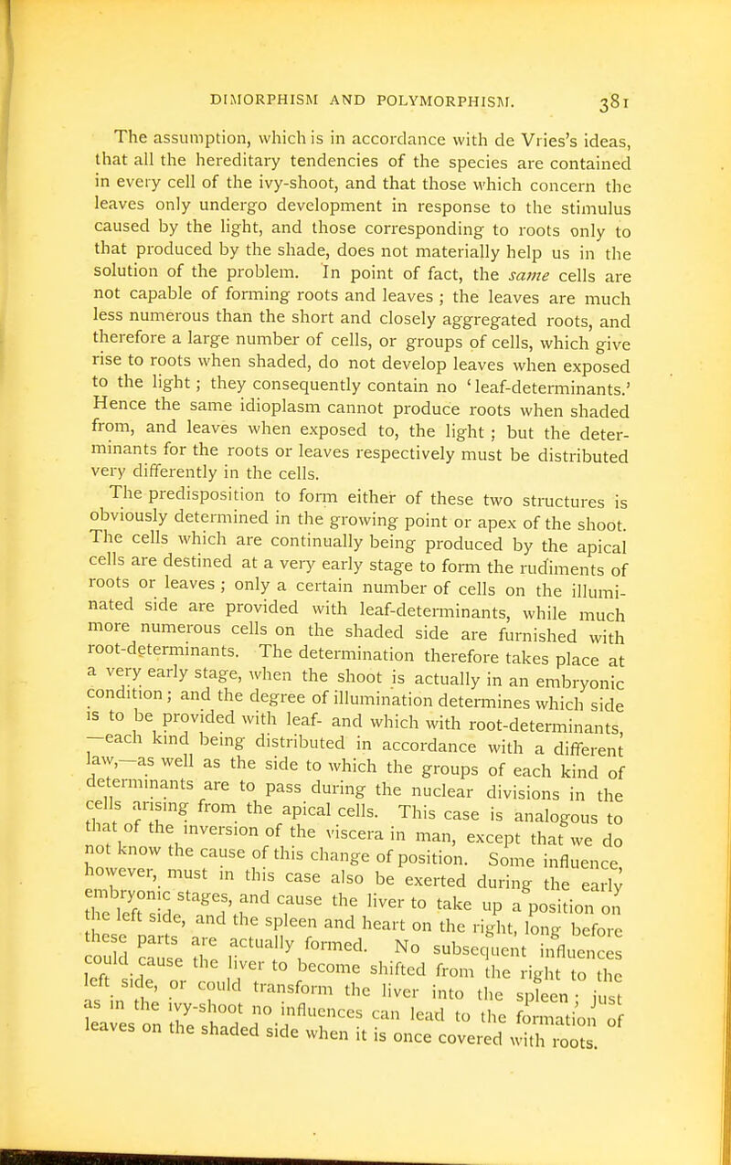 The assumption, which is in accordance with de Vries's ideas, that all the hereditary tendencies of the species are contained in every cell of the ivy-shoot, and that those M'hich concern the leaves only undergo development in response to the stimulus caused by the light, and those corresponding to roots only to that produced by the shade, does not materially help us in the solution of the problem. In point of fact, the same cells are not capable of forming roots and leaves ; the leaves are much less numerous than the short and closely aggregated roots, and therefore a large number of cells, or groups of cells, which give rise to roots when shaded, do not develop leaves when exposed to the light; they consequently contain no ' leaf-determinants.' Hence the same idioplasm cannot produce roots when shaded from, and leaves when exposed to, the light ; but the deter- minants for the roots or leaves respectively must be distributed very differently in the cells. The predisposition to fonn either of these two structures is obviously determined in the growing point or apex of the shoot The cells which are continually being produced by the apical cells are destined at a very early stage to fonn the rudiments of roots or leaves ; only a certain number of cells on the illumi- nated side are provided with leaf-detei-minants, while much more numerous cells on the shaded side are furnished with root-determinants. The determination therefore takes place at a very early stage, when the shoot is actually in an embryonic condition; and the degree of illumination determines which side IS to be provided with leaf- and which with root-determinants -each kind being distributed in accordance with a different law,-as well as the side to which the groups of each kind of determinants are to pass during the nuclear divisions in the cells arising from the apical cells. This case is analogous to that of the inversion of the viscera in man, except that we do no know the cause of this change of position. Some influence, however, must ,n this case also be exerted during the early mbryonic stages, and cause the Hver to take up a^sition on he left side, and the spleen and heart on the right, long before could cause the liver to become shifted from the right to the left side, or could transform the liver into the spLn i st as m the ivy-shoot no influences can lead to the finnTti^i o leaves on the shaded side when it is once covered witHot