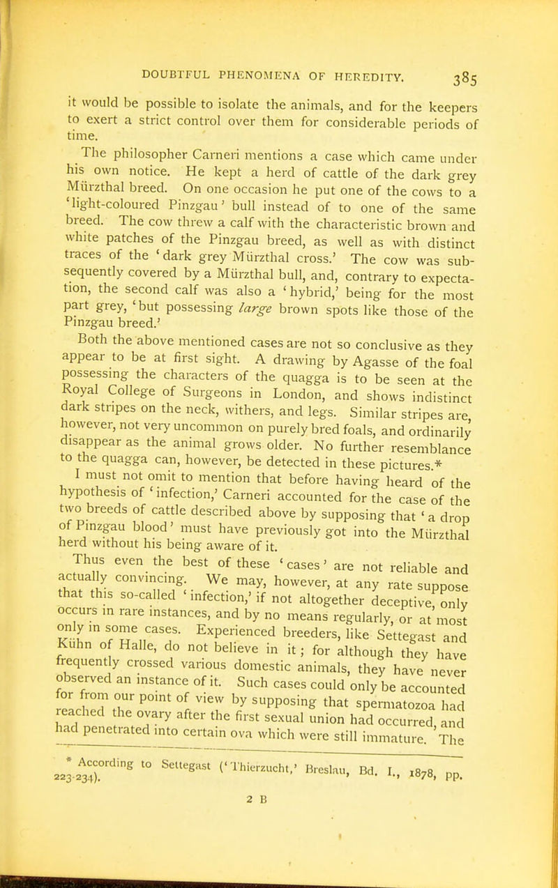 it would be possible to isolate the animals, and for the keepers to exert a strict control over them for considerable periods of time. The philosopher Carneri mentions a case which came under his own notice. He kept a herd of cattle of the dark grey Miirzthal breed. On one occasion he put one of the cows to a 'light-coloured Pinzgau' bull instead of to one of the same breed. The cow threw a calf with the characteristic brown and white patches of the Pinzgau breed, as well as with distinct traces of the ' dark grey Miirzthal cross.' The cow was sub- sequently covered by a Miirzthal bull, and, contrary to expecta- tion, the second calf was also a ' hybrid,' being for the most part grey, ' but possessing large brown spots like those of the Pinzgau breed.' Both the above mentioned cases are not so conclusive as they appear to be at first sight. A drawing by Agasse of the foal possessing the characters of the quagga is to be seen at the Royal College of Surgeons in London, and shows indistinct dark stripes on the neck, withers, and legs. Similar stripes are however, not very uncommon on purely bred foals, and ordinarily disappear as the animal grows older. No further resemblance to the quagga can, however, be detected in these pictures * I must not omit to mention that before having heard of the hypothesis of 'infection,' Carneri accounted for the case of the two breeds of cattle described above by supposing that ' a drop of Pinzgau blood' must have previously got into the Miirzthal herd without his being aware of it. Thus even the best of these 'cases' are not reliable and actually convincing. We may, however, at any rate suppose that this so-called 'infection,' if not altogether deceptive, only occurs ,n rare instances, and by no means regularly, or at most Kuhn of Halle, do not believe in it; for although they have frequently crossed various domestic animals, they have never observed an instance of it. Such cases could only be accounted o from our point o view by supposing that spermatozoa had ild n '''' '^ occurred, and had penetrated into certain ova which were still immature The According to Seltegast ('Thierzucht.' Breslau, Bd. I., X878, pp. 223-234), 2 B