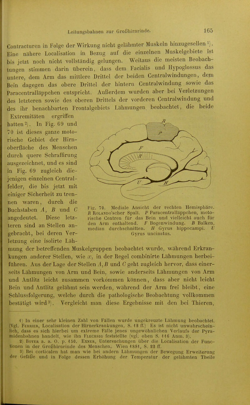 Contracturen in Folge der Wirkung nicht gelähmter Muskeln hinzugesellen i). Eine nähere Localisation in Bezug auf die einzelnen Muskelgebiete ist bis jetzt noch nicht vollständig gelungen. Weitaus die meisten Beobach- tungen stimmen darin überein, dass dem Facialis und Hypoglossus das untere, dem Arm das mittlere Drittel der beiden Central Windungen, dem Bein dagegen das obere Drittel der hintern Centraiwindung sowie das Paracentralläppchen entspricht. Außerdem wurden aber bei Verletzungen des letzteren sowie des oberen Drittels der vorderen Centraiwindung und des ihr benachbarten Frontalgebiets Lähmungen, beobachtet, die beide Extremitäten ergriflfen hatten 2). In Fig. 69 und 70 ist dieses ganze moto- rische Gebiet der Hirn- oberfläche des Menschen durch quere Schraffirung ausgezeichnet, und es sind in Fig. 69 zugleich die- jenigen einzelnen Centrai- felder, die bis jetzt mit einiger Sicherheit zu tren- nen waren, durch die Buchstaben Ä, B und C angedeutet. Diese letz- teren sind an Stellen an- gebracht, bei deren Ver- letzung eine isolirte Läh- mung der betreflenden Muskelgruppen beobachtet W'urde, während Erkran- kungen anderer Stellen, wie cc, in der Regel combinirte Lähmungen herbei- führen. Aus der Lage der Stellen A^B und Cgeht zugleich hervor, dass einer- seits Lähmungen von Arm und Bein, sowie anderseits Lähmungen von Arm und Antlitz leicht zusammen vorkommen können, dass aber nicht leicht Bein und Antlitz gelähmt sein werden, während der Arm frei bleibt, eine Schlussfolgerung, welche durch die pathologische Beobachtung vollkommen bestätigt wird 3). Vergleicht man diese Ergebnisse mit den bei Thieren, 1) In einer sehr Icleinen Zahl von Fällen wurde ungekreuzte Lähmung beobachtet. {Vgl. Ferrier, Localisation der Hirnerkrankungen, S. 12 IT.) Es ist nicht unwahrschein- lich, dass es sich hierbei um extreme Fälle jenes ungewöhnlichen Verlaufs der Pyra- midenbahnen handelt, wie ihn Flecbsig feststellte (vgl. oben S. 116 Anm. 3). 2) Boyer a. a. 0. p. 150. Exner, Untersuchungen über die Localisation der Func- tionen in der Großhirnrinde des Menschen. Wien 1881, S. 22 ff. 3) Bei corticalen hat man wie bei andern Lähmungen der Bewegung Erweiterung der Gefäße und in Folge dessen Erhöhung der Temperatur der gelähmten Tbeile Fig. 70. Mediale Ansicht der rechten Hemisphäre. R RoLANDo'scher Spalt. P Paracentralläppchen, moto- rische Centren für das Bein und vielleicht auch für den Arm enthaltend. F Bogenwindung. B Balken, median durchschnitten. E Gyrus hippocampi. II Gyrus uncinatus.