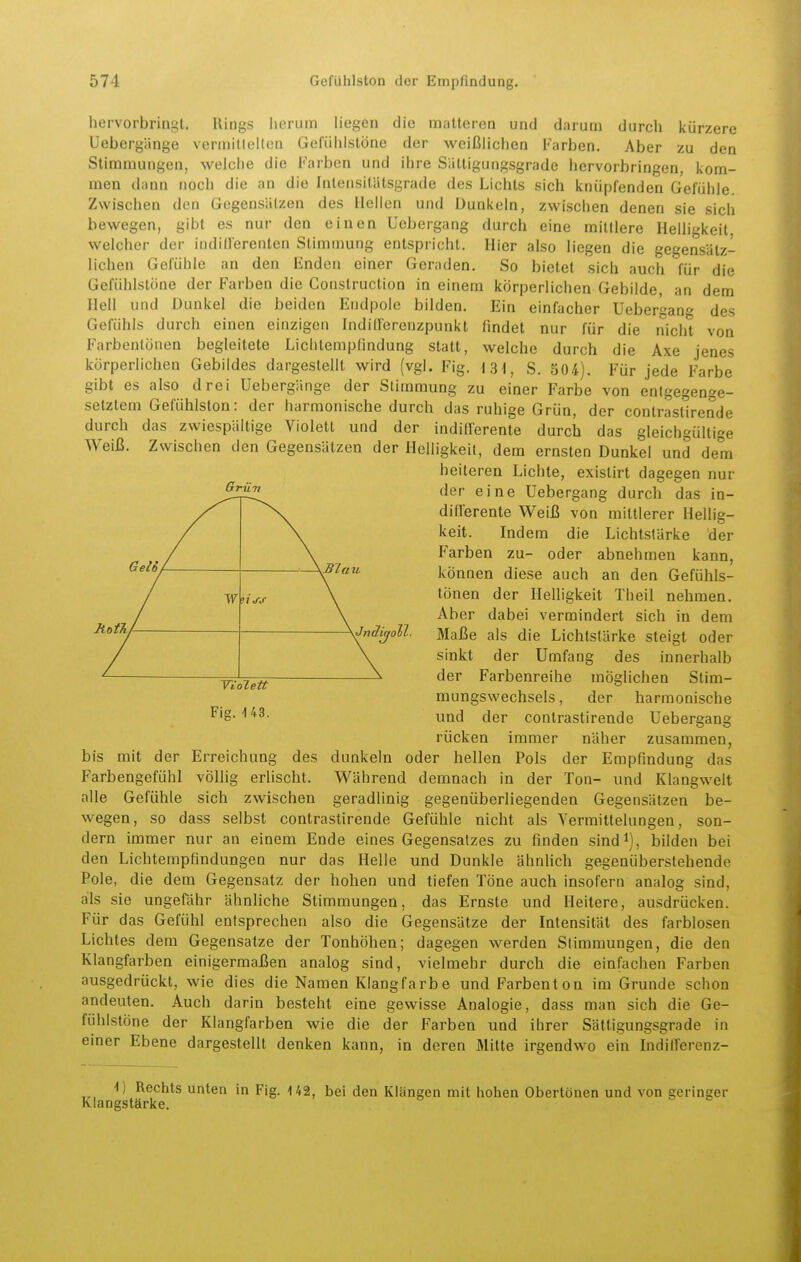Grüti ßlttU hervorbringt. Rings lieniin liegen die matteren und darum durch kürzere Uebergänge vermitleUen Gefühlstöne der weißlichen Farben. Aber zu den Stimmungen, welche die Farben und ihre Sättigungsgrade hervorbringen, kom- men dann noch die an die Inlensilätsgrade des Lichts sich knüpfenden Gefühle. Zwischen den Gegensätzen des Hellen und Dunkeln, zwischen denen sie sich bewegen, gibt es nur den einen üebergang durch eine mittlere Helligkeit, welcher der indifFerenten Stimmung entspricht. Hier also liegen die gegensätz- lichen Gefühle an den Enden einer Geraden. So bietet sich auch für die Gefühlstöne der Farben die Construction in einem körperlichen Gebilde, an dem Hell und Dunkel die beiden Endpole bilden. Ein einfacher Üebergang des Gefühls durch einen einzigen Indifferenzpunkt findet nur für die nicht von Farbentönen begleitete Lichtempfindung statt, welche durch die Axe jenes körperlichen Gebildes dargestellt wird (vgl. Fig. 131, S. 504). Für jede Farbe gibt es also drei Uebergänge der Stimmung zu einer Farbe von entgegenge- setztem Gefühlston: der harmonische durch das ruhige Grün, der contrasUrende durch das zwiespältige Violett und der indifferente durch das gleichgültige Weiß. Zwischen den Gegensätzen der Helligkeit, dem ernsten Dunkel und dem heiteren Lichte, existirt dagegen nur der eine üebergang durch das in- differente Weiß von mittlerer Hellig- keit. Indem die Lichtstärke der Farben zu- oder abnehmen kann, können diese auch an den Gefühls- tönen der Helligkeit Theil nehmen. Aber dabei vermindert sich in dem Maße als die Lichtstärke steigt oder sinkt der Umfang des innerhalb der Farbenreihe möglichen Stim- mungswechsels, der harmonische ^'S-''*^- und der contrastirende üebergang rücken immer näher zusammen, bis mit der Erreichung des dunkeln oder hellen Pols der Empfindung das Farbengefühl völlig erlischt. Während demnach in der Ton- und Klangwelt alle Gefühle sich zwischen geradlinig gegenüberliegenden Gegensätzen be- wegen, so dass selbst contrastirende Gefühle nicht als Vermittelungen, son- dern immer nur an einem Ende eines Gegensatzes zu finden sind*), bilden bei den Lichtempfindungen nur das Helle und Dunkle ähnlich gegenüberstehende Pole, die dem Gegensatz der hohen und tiefen Töne auch insofern analog sind, als sie ungefähr ähnliche Stimmungen, das Ernste und Heitere, ausdrücken. Für das Gefühl entsprechen also die Gegensätze der Intensität des farblosen Lichtes dem Gegensatze der Tonhöhen; dagegen werden Stimmungen, die den Klangfarben einigermaßen analog sind, vielmehr durch die einfachen Farben ausgedrückt, wie dies die Namen Klangfarbe und Farbenton im Grunde schon andeuten. Auch darin besteht eine gewisse Analogie, dass man sich die Ge- fühlstöne der Klangfarben wie die der Farben und ihrer Sättigungsgrade in einer Ebene dargestellt denken kann, in deren Mitte irgendwo ein Indifferenz- RotTi YioJett ^] Rechts unten in Fig. i42, bei den Klängen mit hohen Obertönen und von geringer Klangstärke.