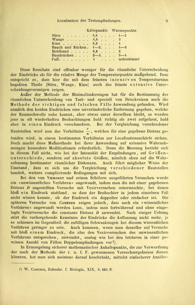 Kältepunkte Wärmepunkte Stirn 0,8 . . . 4—5 0,8 . . . 3 0,8 . . . 4 Bauch und Rücken. 1—2. . . 4—6 0,8 . . . . 2 Handrücken .... 2—3. . . . 3—4 Fuß 3 . . . . unbestimmt Diese Resultate sind offenbar weniger für die räumliche Unterscheidung der Eindrücke als für die relative Menge der Temperaturpunkte maßgebend. Dem entspricht es, dass hier die mit dem feinsten intensiven Temperatursinn begabten Theile (Stirn, Wange, Kinn) auch das feinste extensive Unter- scheidungsvermögen zeigen. Außer der Methode der Minimaländerungen hat für die Bestimmung der räumlichen Unterscheidung von Tast- und speciell von Druckreizen noch die Methode der richtigen und falschen Fälle Anwendung gefunden. Wird nämhch den beiden Eindrücken eine unveränderliche Entfernung gegeben, welche der Raumschwelle nahe kommt, aber etwas unter derselben bleibt, so werden jene in oft wiederholten Beobachtungen bald richtig als zwei aufgefasst, bald aber in einen Eindruck verschmolzen. Bei der Vergleichung verschiedener T Hautstellen wird nun das Verhältniss —, welches für eine gegebene Distanz ge- funden wird, in einem bestimmten Verhältniss zur Localisationsschärfe stehen. Doch macht diese Maßmethode bei ihrer Anwendung auf extensive Wahrneh- mungen besondere Modificationen erforderlich. Denn die Messung bezieht sich in diesem Fall nicht, wie bei der Intensität der Empfindungen, auf Größen- unterschiede, sondern auf absolute Größen, nämlich eben auf die Wahr- nehmung bestimmter räumlicher Distanzen. Auch führt möglicher Weise der Umstand, dass es sich um die Vergleichung verschiedener Hautstellen handelt, weitere complicirende Bedingungen mit sich. Bei den von Vierordt und seinen Schülern ausgeführten Versuchen wurde ein »unwissentliches Verfahren« angewandt, indem man die mit einer gegebenen Distanz D angestellten Versuche mit Vexirversuchen untermischte, bei denen bloß ein Eindruck stattfand, so dass der Beobachter in jedem einzelnen Fall nicht wissen konnte, ob der Eindruck ein doppelter oder einfacher sei. Die späteren Versuche von Camerer zeigen jedoch, dass auch ein »wissentUches Verfahren« angewandt werden kann, indem man fortwährend und ohne einge- legte Vexirversuche die constante Distanz D anwendet. Nach einiger Uebung stört die vorhergehende Kenntniss der Eindrücke die Auffassung nicht mehr, ja es schienen im Gegentheil die zufälligen Schwankungen bei diesem wissentlichen Verfahren geringer zu sein. Auch kommen, wenn man dasselbe auf Versuche mit bloß einem Eindruck, die also den Vexirversuchen des unwissentUchen Verfahrens entsprechen, anwendet, analog wie bei den letzteren in einer ge- wissen Anzahl von Fällen Doppelempfindungen vor^). In Ermangelung sicherer mathematischer Anhaltspunkte, die zur Verwerthung der nach der Methode der r. u. f. F. gewonnenen Versuchsergebnisse dienen könnten, hat man sich meistens darauf beschränkt, mittelst einfacherer Annähe- \) W. Camerer, Zeitschr. f. Biologie, XIX, S. 285 ff.