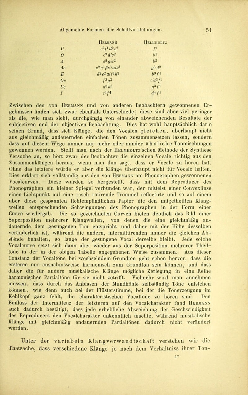 Hermann Heuiholtz ü 0 A Ae E Oe Ue I c2 e2 ßs^ ais^ 62 öS/-! cis^ d^-e^ais^h^ Zwischen den von Hermann und von anderen Beobachtern gev^onnenen Er- gebnissen finden sich zwar ebenfalls Unterschiede; diese sind aber viel geringer als die, wie man sieht, durchgängig von einander abweichenden Resultate der subjectiven und der objectiven Beobachtung. Dies hat wohl hauptsächlich darin seinen Grund, dass sich Klänge, die den Vocalen gleichen, überhaupt nicht aus gleichmäßig andauernden einfachen Tonen zusammensetzen lassen^ sondern dass auf diesem Wege immer nur mehr oder minder ähnliche Tonmischungen gewonnen werden. Stellt man nach der HELMHOLTz'schen Methode der Synthese Versuche an, so hört zwar der Beobachter die einzelnen Vocale richtig aus den Zusammenklängen heraus, wenn man ihm sagt, dass er Vocale zu hören hat. Ohne das letztere würde er aber die Klänge überhaupt nicht für Vocale halten. Dies erklärt sich vollständig aus den von Hermann am Phonographen gewonnenen Vocalcurven. Diese wurden so hergestellt, dass mit dem Reproducer des Phonographen ein kleiner Spiegel verbunden war, der mittelst einer Convexlinse einen Lichtpunkt auf eine rasch rolirende Trommel reflectirle und so auf einem über diese gespannten lichtempfindlichen Papier die den mitgetheilten Klang- wellen entsprechenden Schwingungen des Phonographen in der Form einer Curve wiedergab. Die so gezeichneten Gurven bieten deutlich das Bild einer Superposilion mehrerer Klangwellen, von denen die eine gleichmäßig an- dauernde dem gesungenen Ton entspricht und daher mit der Hohe desselben veränderlich ist, während die andern, intermittirenden immer die gleichen Ab- stände behalten, so lange der gesungene Vocal derselbe bleibt. Jede solche Vocalcurve setzt sich dann aber wieder aus der Superposition mehrerer Theil- töne in der in der obigen Tabelle angegebenen Weise zusammen. Aus dieser Gonstanz der YocaltÖne bei wechselndem Grundton geht schon hervor, dass die ersteren nur ausnahmsweise harmonisch zum Grundton sein können, und dass daher die für andere musikalische Klänge mögliche Zerlegung in eine Reihe harmonischer Partialtöne für sie nicht zutrifft. Vielmehr wird man annehmen müssen, dass durch das Anblasen der Mundhöhle selbständig Töne entstehen können, wie denn auch bei der Flüsterstimme, bei der die Tonerzeugung im Kehlkopf ganz fehlt, die charakteristischen VocaltÖne zu hören sind. Den Einfluss der Intermittenz der letzteren auf den Yocalcharakter fand Hermann auch dadurch bestätigt, dass jede erhebliche Abweichung der Geschwindigkeit des Reproducers den Yocalcharakter unkenntlich machte, während musikalische Klänge mit gleichmäßig andauernden Partialtönen dadurch nicht verändert werden. Unter der variabeln Klangverwandtschaft verstehen vs^ir die Thatsache, dass verschiedene Klänge je nach dem Verhältniss ihrer Ton- 4*