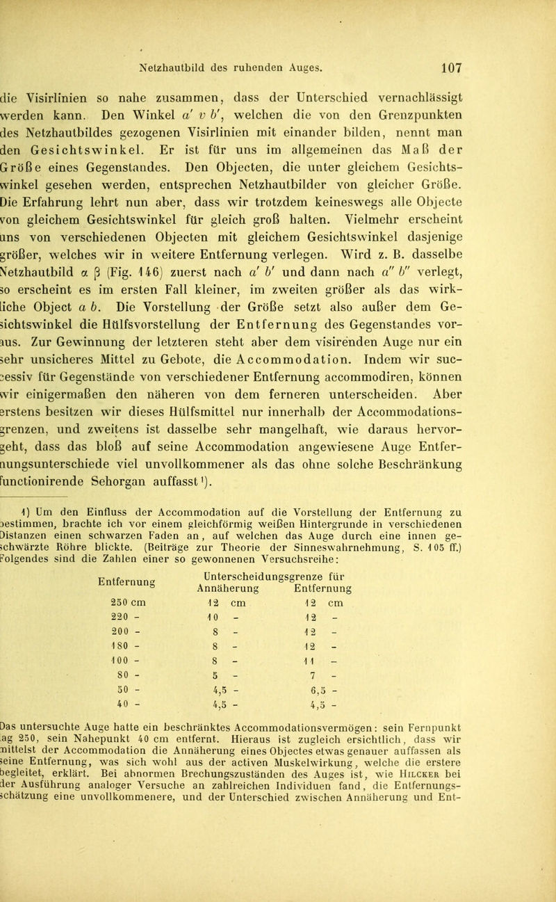 die Visirlinien so nahe zusammen, dass der Unterschied vernachlässigt werden kann. Den Winkel a v b\ welchen die von den Grenzpunkten des Netzhautbildes gezogenen Visirlinien mit einander bilden, nennt man den Gesichtswinkel. Er ist für uns im allgemeinen das Maß der Größe eines Gegenstandes. Den Objecten, die unter gleichem Gesichts- winkel gesehen werden, entsprechen Netzhautbilder von gleicher Größe. Die Erfahrung lehrt nun aber, dass wir trotzdem keineswegs alle Objecte von gleichem Gesichtswinkel ftir gleich groß halten. Vielmehr erscheint lins von verschiedenen Objecten mit gleichem Gesichtswinkel dasjenige größer, welches wir in weitere Entfernung verlegen. Wird z. B. dasselbe Netzhautbild a ß (Fig. 146) zuerst nach a' b' und dann nach a 6 verlegt, 50 erscheint es im ersten Fall kleiner, im zweiten größer als das wirk- iiche Object a b. Die Vorstellung der Größe setzt also außer dem Ge- sichtswinkel die Hülfsvorstellung der Entfernung des Gegenstandes vor- aus. Zur Gewinnung der letzteren steht aber dem visirenden Auge nur ein sehr unsicheres Mittel zu Gebote, die Accommodation. Indem wir suc- 3essiv für Gegenstände von verschiedener Entfernung accommodiren, können wir einigermaßen den näheren von dem ferneren unterscheiden. Aber srstens besitzen wir dieses flülfsmittel nur innerhalb der Accommodations- grenzen, und zw^eitens ist dasselbe sehr mangelhaft, wie daraus hervor- geht, dass das bloß auf seine Accommodation angewiesene Auge Entfer- nungsunterschiede viel unvollkommener als das ohne solche Beschränkung functionirende Sehorgan auffasst^). 4) Um den Einfluss der Accommodation auf die Vorstellung der Entfernung zu Destimmen, brachte ich vor einem gleichförmig weißen Hintergrunde in verschiedenen Distanzen einen schwarzen Faden an, auf welchen das Auge durch eine innen ge- schwärzte Röhre blickte. (Beiträge zur Theorie der Sinneswahrnehmung, S. -105 ff.) Folgendes sind die Zahlen einer so gewonnenen Versuchsreihe: Entfernung Unterscheidungsgrenze für Annäherung Entfernun 250 cm 12 cm 12 cm 220 - 10 - 12 - 200 - 8 - 12 - 180 - 8 - 12 - iOO - 8 - 11 - 80 - 5 - 7 - 50 - 4,5 - 6,5 - 40 - 4,5 - 4,5 - Das untersuchte Auge hatte ein beschränktes Accommodationsvermögen: sein Fernpunkt ag 230, sein Nahepunkt 40 cm entfernt. Hieraus ist zugleich ersichtlich, dass wir mittelst der Accommodation die Annäherung eines Objectes etwas genauer auffassen als »eine Entfernung, was sich wohl aus der activen Muskelwirkung, welche die erstere begleitet, erklärt. Bei abnormen Brechungszuständen des Auges ist, wie Hilcker bei der Ausführung analoger Versuche an zahlreichen Individuen fand, die Entfernungs- schätzung eine unvollkommenere, und der Unterschied zwischen Annäherung und Ent-