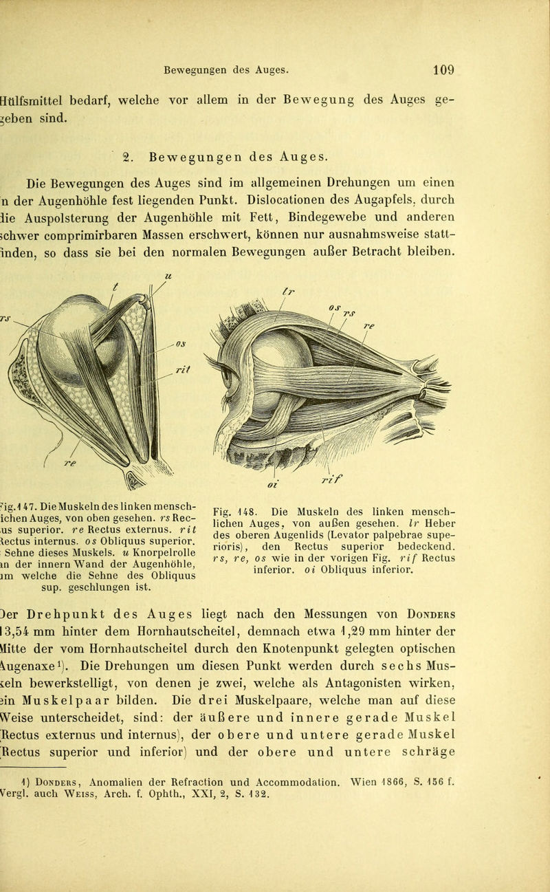 Hülfsraittel bedarf, welche vor allem in der Bewegung des Auges ge- geben sind. 2. Bewegungen des Auges. Die Bewegungen des Auges sind im allgemeinen Drehungen um einen n der Augenhöhle fest liegenden Punkt. Dislocationen des Augapfels, durch iie Auspolsterung der Augenhöhle mit Fett, Bindegewebe und anderen schwer comprimirbaren Massen erschwert, können nur ausnahmsweise statt- inden, so dass sie bei den normalen Bewegungen außer Betracht bleiben. 'igA 47. DieMuskeln des linken mensch- ichen Auges, von oben gesehen. rsRec- us superior. re Rectus externus. rit \ectus internus, os Obliquus superior. Sehne dieses Muskels, u Knorpelrolle m der Innern Wand der Augenhöhle, im welche die Sehne des Obliquus sup. geschlungen ist. Fig. 148. Die Muskeln des linken mensch- lichen Auges, von außen gesehen. Ir Heber des oberen Augenlids (Levator palpebrae supe- rioris), den Rectus superior bedeckend, rs, re, os wie in der vorigen Fig. rif Rectus inferior, oi Obliquus inferior. Der Drehpunkt des Auges liegt nach den Messungen von Donders 13,54 mm hinter dem Hornhautscheitel, demnach etwa i,29 mm hinter der yiitte der vom Hornhautscheitel durch den Knotenpunkt gelegten optischen \ugenaxe^). Die Drehungen um diesen Punkt werden durch sechs Mus- keln bewerkstelligt, von denen je zwei, welche als Antagonisten wirken, Bin Muskel paar bilden. Die drei Muskelpaare, welche man auf diese Weise unterscheidet, sind: der äußere und innere gerade Muskel Rectus externus und internus), der obere und untere gerade Muskel Rectus superior und inferior) und der obere und untere schräge i) Donders, Anomalien der Refraction und Accommodation. Wien 1866, S. 156 f. Vergl. auch Weiss, Arch. f. Ophth., XXI, 2, S. 132.