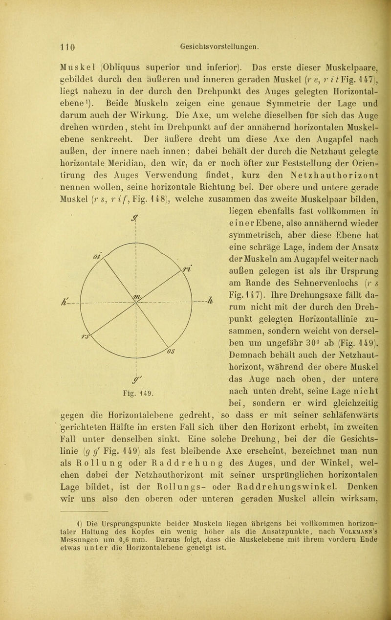 Muskel (Obliquus superior und inferior). Das erste dieser Muskelpaare, gebildet durch den äußeren und inneren geraden Muskel {r ritFlo^. 147), liegt nahezu in der durch den Drehpunkt des Auges gelegten Horizontal- ebene^). Beide Muskeln zeigen eine genaue Symmetrie der Lage und darum auch der Wirkung. Die Axe, um welche dieselben für sich das Auge drehen würden, steht im Drehpunkt auf der annähernd horizontalen Muskel- ebene senkrecht. Der äußere dreht um diese Axe den Augapfel nach außen, der innere nach innen; dabei behält der durch die Netzhaut gelegte horizontale Meridian, den wir, da er noch öfter zur Feststellung der Orien- tirung des Auges Verwendung findet, kurz den Netzhauthorizont nennen wollen, seine horizontale Richtung bei. Der obere und untere gerade Muskel (r 5, r z/, Fig. 148), welche zusammen das zweite Muskelpaar bilden, liegen ebenfalls fast vollkommen in ein er Ebene, also annähernd wieder symmetrisch, aber diese Ebene hat eine schräge Lage, indem der Ansatz der Muskeln am Augapfel weiter nach außen gelegen ist als ihr Ursprung am Rande des Sehnervenlochs {r s Fig. 147). Ihre Drehungsaxe fällt da- rum nicht mit der durch den Dreh- punkt gelegten Horizontallinie zu- sammen, sondern weicht von dersel- ben um ungefähr 30*^ ab (Fig. 149). Demnach behält auch der Netzhaut- horizont, während der obere Muskel das Auge nach oben, der untere Fig. 4 49. nach unten dreht, seine Lage nicht bei, sondern er wird gleichzeitig gegen die Horizontalebene gedreht, so dass er mit seiner schläfenwärts gerichteten Hälfte im ersten Fall sich über den Horizont erhebt, im zweiten Fall unter denselben sinkt. Eine solche Drehung, bei der die Gesichts- linie [g Fig. 149) als fest bleibende Axe erscheint, bezeichnet man nun als R 0 11 u n g oder Raddrehung des Auges, und der Winkel, wel- chen dabei der Netzhauthorizont mit seiner ursprünglichen horizontalen Lage bildet, ist der Rollungs- oder Raddrehungswinkel. Denken wir uns also den oberen oder unteren geraden Muskel allein wirksam, 1) Die Ursprungspunkte beider Muskeln liegen übrigens bei vollkommen horizon- taler Haltung des Kopfes ein wenig höher als die Ansatzpunkte, nach Volkmann's Messungen um 0,6 mm. Daraus folgt, dass die Muskelebene mit ihrem vordem Ende etwas unter die Horizontalebene geneigt ist.