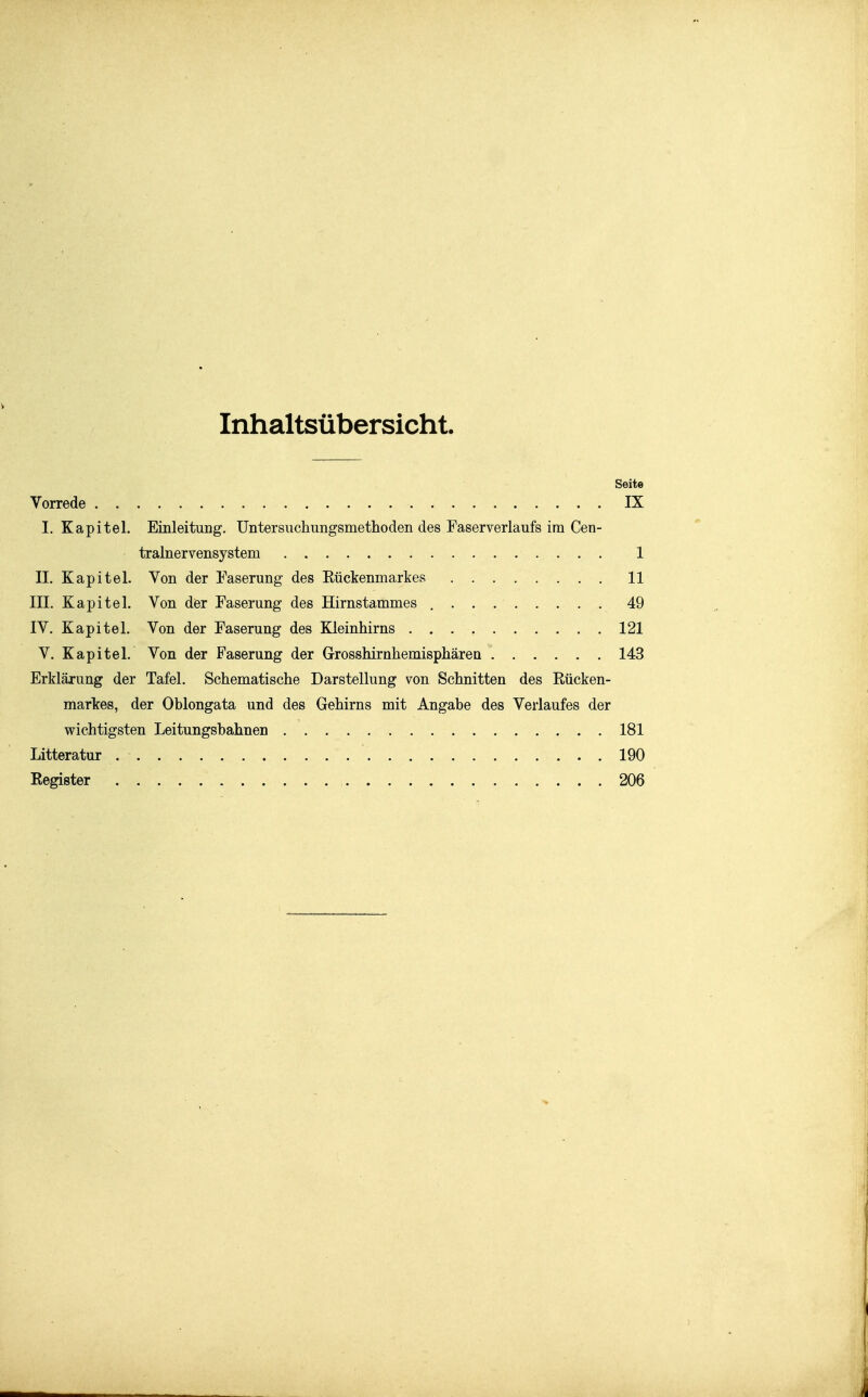 Inhaltsübersicht. Seite Vorrede IX I. Kapitel. Einleitung. Untersiichungsmetlioden des Faserverlaufs im Cen- tralnervensystem 1 II. Kapitel. Von der Faserung des Rückenmarkes 11 III. Kapitel. Von der Faserung des Hirnstammes 49 IV. Kapitel. Von der Faserung des Kleinhirns 121 V. Kapitel. Von der Faserung der Grosshirnhemispliären 143 Erklärung der Tafel. Schematische Darstellung von Schnitten des Rücken- markes, der Oblongata und des Gehirns mit Angabe des Verlaufes der wichtigsten Leitungsbahnen 181 Litteratur 190 Register 206