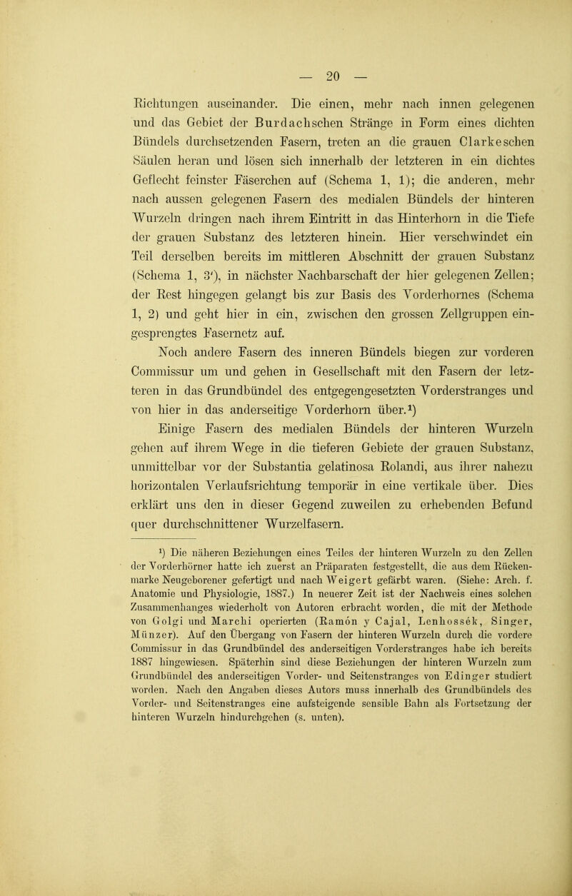 Eichtiingen auseinander. Die einen, mehr nach innen gelegenen und das Gebiet der Bur dach sehen Stränge in Form eines dichten Bündels durchsetzenden Fasern, treten an die grauen Clark eschen Säulen heran und lösen sich innerhalb der letzteren in ein dichtes Geflecht feinster Fäserchen auf (Schema 1, 1); die anderen, mehr nach aussen gelegenen Fasern des medialen Bündels der hinteren Wurzeln dringen nach ihrem Eintritt in das Hinterhorn in die Tiefe der grauen Substanz des letzteren hinein. Hier verschwindet ein Teil derselben bereits im mittleren Abschnitt der grauen Substanz (Schema 1, 3'), in nächster Nachbarschaft der hier gelegenen Zellen; der Best hingegen gelangt bis zur Basis des Yorderhornes (Schema 1, 2) und geht hier in ein, zwischen den grossen Zellgruppen ein- gesprengtes Fasernetz auf. Noch andere Fasern des inneren Bündels biegen zur vorderen Commissur um und gehen in Gesellschaft mit den Fasern der letz- teren in das Grundbündel des entgegengesetzten Yorderstrauges und von hier in das anderseitige Yorderhorn über.^) Einige Fasern des medialen Bündels der hinteren Wurzeln gehen auf ihrem Wege in die tieferen Gebiete der grauen Substanz, unmittelbar vor der Substantia gelatinosa Rolandi, aus ihrer nahezu horizontalen Yerlaufsrichtung temporär in eine vertikale über. Dies erklärt uns den in dieser Gegend zuweilen zu erhebenden Befund quer durchschnittener Wurzelfasern. 1) Die näheren Bezieliun^en eines Teiles der hinteren Wurzeln zu den Zellen der Yorderhörner hatte ich zuerst an Präparaten festgestellt, die aus dem Rücken- marke Neugeborener gefertigt und nach Weigert gefärbt waren. (Siehe: Arch. f. Anatomie und Physiologie, 1887.) In neuerer Zeit ist der Nachweis eines solchen Zusammenhanges wiederholt von Autoren erbracht worden, die mit der Methode von Golgi und Marchi operierten (Eamön y Cajal, Lenhossek, Singer, Münze r). Auf den Übergang von Fasern der hinteren Wurzeln durch die vordere Commissur in das Grundbündel des anderseitigen Vorderstranges habe ich bereits 1887 hingewiesen. Späterhin sind diese Beziehungen der hinteren Wurzeln zum Grundbündel des anderseitigen Vorder- und Seitenstranges von Edinger studiert worden. Nach den Angaben dieses Autors muss innerhalb des Grundbündels des Vorder- und Seitenstranges eine aufsteigende sensible Bahn als Fortsetzung der hinteren Wurzeln hindurchgehen (s. unten).