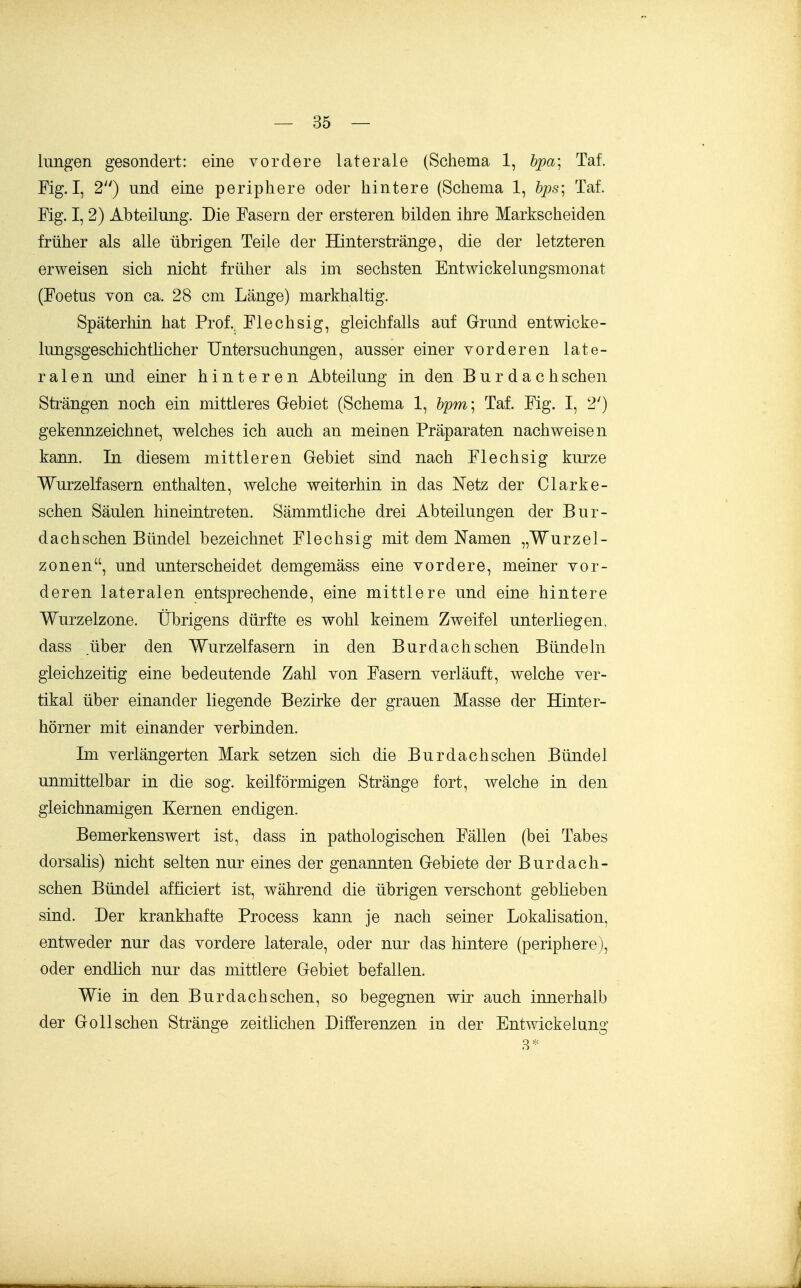 lungen gesondert: eine vordere laterale (Schema 1, hpa\ Tat. Fig. I, 2) und eine periphere oder hintere (Schema 1, hps\ Taf. Mg. I, 2) Abteilung. Die Fasern der ersteren bilden ihre Markscheiden früher als alle übrigen Teile der Hinterstränge, die der letzteren erweisen sich nicht früher als im sechsten Entwickelungsmonat (Foetus von ca. 28 cm Länge) markhaltig. Späterhin hat Prof.. Flechsig, gleichfalls auf Grund entwicke- lungsgeschichtlicher Untersuchungen, ausser einer vorderen late- ralen und einer hinteren Abteilung in den Burdachsehen Strängen noch ein mittleres Gebiet (Schema 1, hpm\ Taf. Fig. I, 2') gekennzeichnet, welches ich auch an meinen Präparaten nachweisen kann. In diesem mittleren Gebiet sind nach Flechsig kurze Wurzelfasern enthalten, welche weiterhin in das Netz der Clarke- schen Säulen hineintreten. Sämmtliche drei Abteilungen der Bur- dach sehen Bündel bezeichnet Flechsig mit dem Namen „Wurzel- zonen, und unterscheidet demgemäss eine vordere, meiner vor- deren lateralen entsprechende, eine mittlere und eine hintere Wurzelzone. Übrigens dürfte es wohl keinem Zweifel unterliegen, dass .über den Wurzelfasern in den Burdach sehen Bündeln gleichzeitig eine bedeutende Zahl von Fasern verläuft, welche ver- tikal über einander liegende Bezirke der grauen Masse der Hinter- hörner mit einander verbinden. Im verlängerten Mark setzen sich die Bur dach sehen Bündel unmittelbar in die sog. keilförmigen Stränge fort, welche in den gleichnamigen Kernen endigen. Bemerkenswert ist, dass in pathologischen Fällen (bei Tabes dorsaüs) nicht selten nur eines der genannten Gebiete der Bur dach- schen Bündel afficiert ist, während die übrigen verschont geblieben sind. Der krankhafte Process kann je nach seiner Lokalisation, entweder nur das vordere laterale, oder nur das hintere (periphere), oder endlich nur das mittlere Gebiet befallen. Wie in den Burdachschen, so begegnen wir auch innerhalb der Göll sehen Stränge zeitlichen Differenzen in der Entwickelung 3*