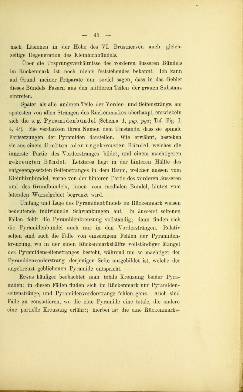 nach Läsionen in der Höhe des YI. Brustnerven auch gleich- zeitige Degeneration des Kleinhirnbündels. Über die ürsprungsverhältnisse des vorderen äusseren Bündels im Kückenmark ist noch nichts feststehendes bekannt. Ich kann auf Grund meiner Präparate nur soviel sagen, dass in das Gebiet dieses Bündels Fasern aus den mittleren Teilen der grauen Substanz eintreten. Später als alle anderen Teile der Yorder- und Seitenstränge, am spätesten von allen Strängen des Eückenmarkes überhaupt, entwickeln sich die s. g. Pyramidenbündel (Schema 1, py^'i Tai Fig. I, 4, 4'). Sie verdanken ihren Namen dem Umstände, dass sie spinale Fortsetzungen der Pyramiden darstellen. Wie erwähnt, bestehen sie aus einem direkten oder ungekreuzten Bündel, welches die innerste Partie des Yorderstranges bildet, und einem mächtigeren gekreuzten Bündel. Letzteres liegt in der hinteren Hälfte des entgegengesetzten Seitenstranges in dem Raum, welcher aussen vom Kleinhirnbündel, vorne von der hinteren Partie des vorderen äusseren und des Grundbündels, innen vom medialen Bündel, hinten vom lateralen Wurzelgebiet begrenzt wird. Umfang und Lage des Pyramidenbündels im Rückenmark weisen bedeutende individuelle Schwankungen auf. In äusserst seltenen Fällen fehlt die Pyramidenkreuzung vollständig; dann finden sich die Pyramidenbündel auch nur in den Yordersträngen. Relativ selten sind auch die Fälle von einseitigem Fehlen der Pyramiden- kreuzung, wo in der einen Rückenmarkshälfte vollständiger Mangel des Pyramidenseitenstranges besteht, während um so mächtiger der Pyramidenvorderstrang derjenigen Seite ausgebildet ist, welche der imgekreuzt gebliebenen Pyramide entspricht. Etwas häufiger beobachtet man totale Kreuzung beider Pyra- miden: in diesen Fällen finden sich im Rückenmark nur Pyramiden- seitenstränge, und Pyramidenvorderstränge fehlen ganz. Auch sind FäUe zu constatieren, wo die eine Pyramide eine totale, die andere eine partielle Kreuzung erfährt; hierbei ist die eine Rückenmarks-