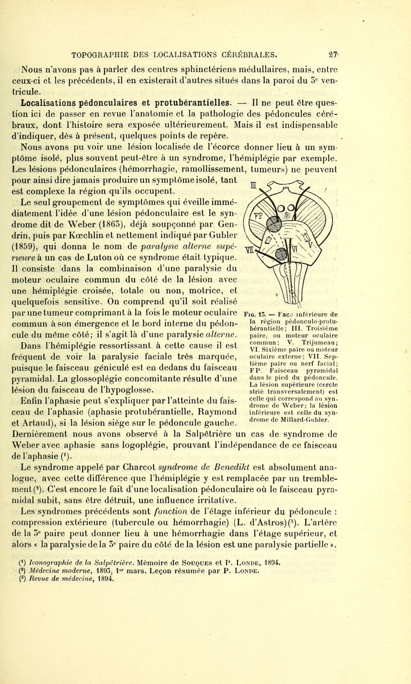 Nous n'avons pas à parler des centres sphinctériens médullaires, mais, entre ceux-ci et les précédents, il en existerait d'autres situés dans la paroi du 3*= ven- tricule. Localisations pédonculaires et protubérantielles. — Il ne peut être ques- tion ici de passer en revue l'anatomie et la pathologie des pédoncules céré- braux, dont l'histoire sera exposée ultérieurement. Mais il est indispensable d'indiquer, dès à présent, quelques points de repère. Nous avons pu voir une lésion localisée de l'écorce donner lieu à un sym- ptôme isolé, plus souvent peut-être à un syndrome, l'hémiplégie par exemple. Les lésions pédonculaires (hémorrhagie, ramollissement, tumeurs) ne peuvent pour ainsi dire jamais produire un symptôme isolé, tant est complexe la région qu'ils occupent. Le seul groupement de symptômes qui éveille immé- diatement l'idée d'une lésion pédonculaire est le syn- drome dit de Weber (1863), déjà soupçonné par Gen- drin, puis par Kœchlin et nettement indiqué par Gubler (1859), qui donna le nom de paralysie alterne supé- rieure à un cas de Luton où ce syndrome était typique. Il consiste dans la combinaison d'une paralysie du moteur oculaire commun du côté de la lésion avec une hémiplégie croisée, totale ou non, motrice, et quelquefois sensitive. On comprend qu'il soit réalisé parunetumeur comprimant à la fois le moteur oculaire commun à son émergence et le bord interne du pédon- cule du même côté; il s'agit là d'une paralysie a/ierne. Dans l'hémiplégie ressortissant à cette cause il est fréquent de voir la paralysie faciale très marquée, puisque le faisceau géniculé est en dedans du faisceau pyramidal. La glossoplégie concomitante résulte d'une lésion du faisceau de l'hypoglosse. Enfin l'aphasie peut s'expliquer par l'atteinte du fais- ceau de l'aphasie (aphasie protubérantielle, Raymond et Artaud), si la lésion siège sur le pédoncule gauche. Dernièrement nous avons observé à la Salpêtrière un cas de syndrome de Weber avec aphasie sans logoplégie, prouvant l'indépendance de ce faisceau de l'aphasie ('). Le syndrome appelé par Charcot syndrome de Benedikt est absolument ana- logue, avec cette différence que l'hémiplégie y est remplacée par un tremble- ment (^). C'est encore le fait d'une localisation pédonculaire où le faisceau pyra- midal subit, sans être détruit, une influence irritative. Les syndromes précédents sont fonction de l'étage inférieur du pédoncule : compression extérieure (tubercule ou hémorrhagie) (L. d'Astros)(^). L'artère de la 3 paire peut donner lieu à une hémorrhagie dans l'étage supérieur, et alors « la paralysie de la 3« paire du côté de la lésion est une paralysie partielle ». (•) Iconographie de la Salpêtrière. Mémoire de Souques et P. Londe, 4894. (*) Médecine moderne, 1893, X' mars. Leçon résumée par P. Londe. (^) Revue de médecine, 1894. FiG. 13. — Faco inférieure de la région pédonculo-protu- bérantielle; III. Troisième paire, ou moteur oculaire commun; V. Trijumeau; VI. Si.tièmc paire ou moteur oculaire externe; VII. Sep- tième paire ou nerf facial; F P. Faisceau pyramidal dans le pied du pédoncule. La lésion supérieure (cercle strié transversalement) est celle qui correspond au syn- drome de Weber; la lésion inférieure est celle du syn- drome de Millard-Gubler.