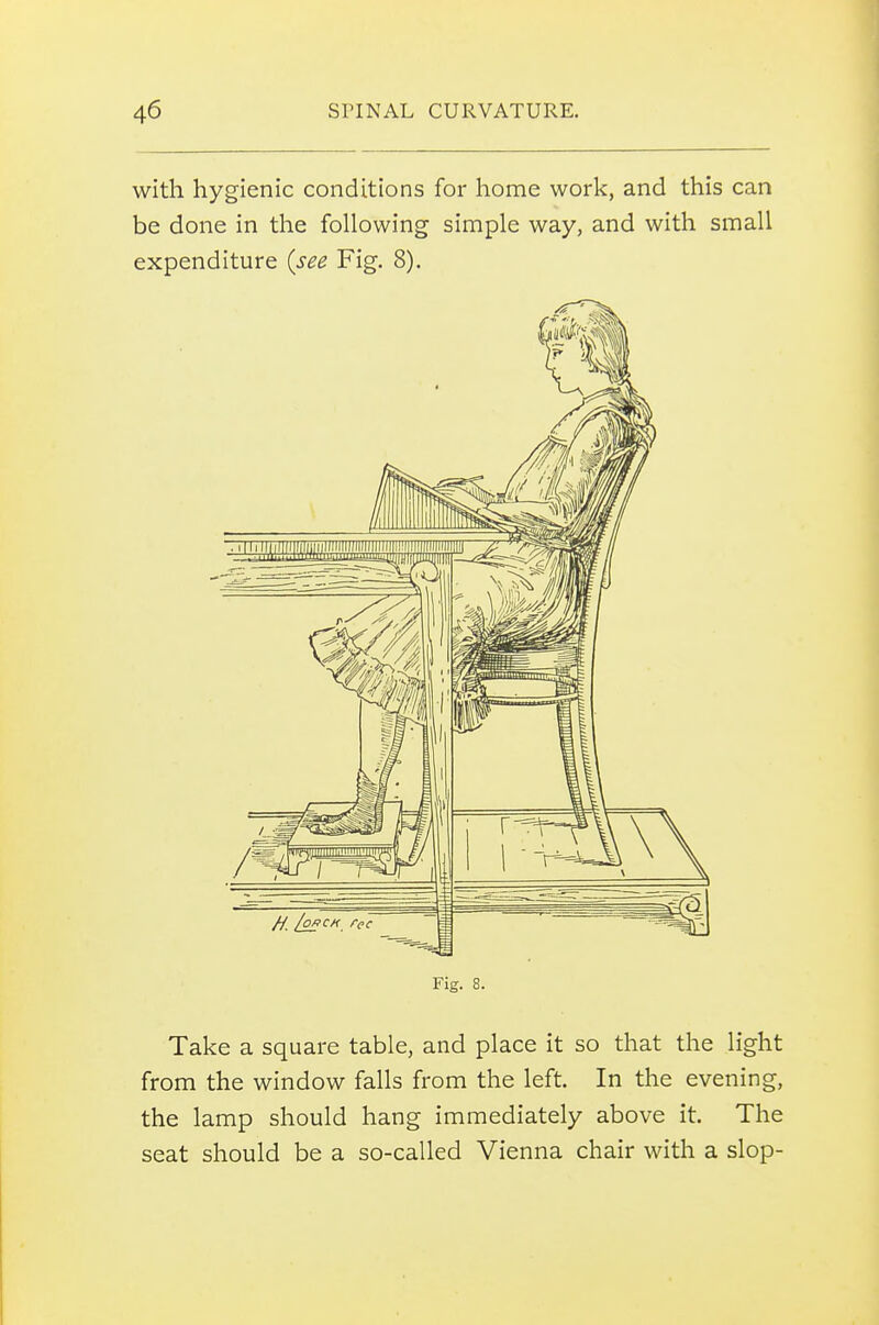 with hygienic conditions for home work, and this can be done in the following simple way, and with small expenditure {see Fig. 8). Fig. 8. Take a square table, and place it so that the light from the window falls from the left. In the evening, the lamp should hang immediately above it. The seat should be a so-called Vienna chair with a slop-