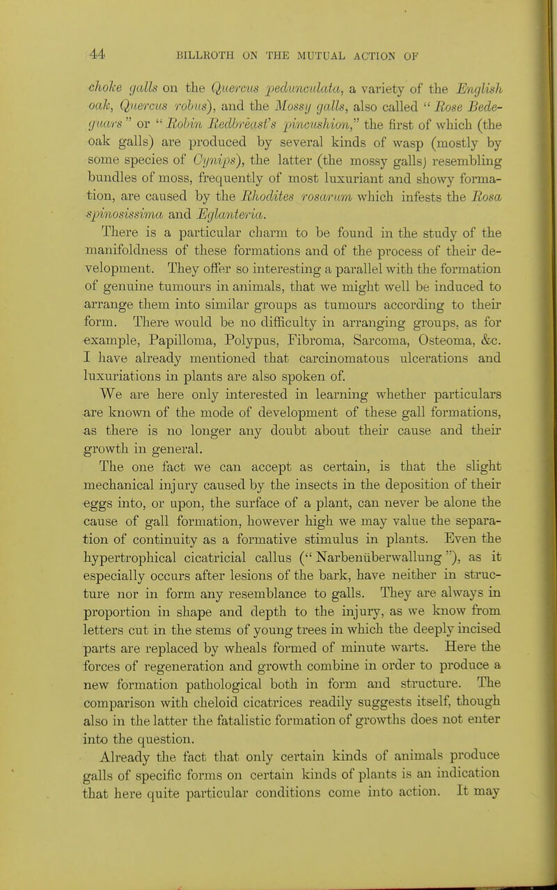 choke galls on the Quercus pechmculata, a variety of the JEnglish oah, Quercus rohus), and the Mossy galls, also called  Rose Bede- gtiars  or  Robin Redbreasts pincushion, the first of which (the oak galls) are produced by several kinds of wasp (mostly by some species of Gynijjs), the latter (the mossy gallsj resembling bundles of moss, frequently of most luxuriant and showy forma- tion, are caused by the Rhodites rosarum which infests the Rosa spinosissima and Eglanteria. There is a particular charm to be found in the study of the manifoldness of these formations and of the process of their de- velopment. They offer so interesting a parallel with the formation of genuine tumours in animals, that we might well be induced to arrange them into similar groups as tumours according to theii' form. There would be no difficulty in arranging groups, as for example. Papilloma, Polypus, Fibroma, Sarcoma, Osteoma, &c. I have already mentioned that carcinomatous ulcerations and luxuriations in plants are also spoken of. We are here only interested in learning whether particulars are known of the mode of development of these gall formations, as there is no longer any doubt about their cause and their growth in general. The one fact we can accept as certain, is that the slight mechanical inj ury caused by the insects in the deposition of their eggs into, or upon, the surface of a plant, can never be alone the cause of gall formation, however high we may value the separa- tion of continuity as a formative stimulus in plants. Even the hypertrophical cicatricial callus ( Narbeniiberwallung), as it especially occurs after lesions of the bark, have neither in struc- ture nor in form any resemblance to galls. They are always in proportion in shape and depth to the injury, as we know from letters cut in the stems of young trees in which the deeply incised parts are replaced by wheals formed of minute warts. Here the forces of regeneration and growth combine in order to produce a new formation pathological both in form and structure. The comparison with cheloid cicatrices readily suggests itself, though also in the latter the fatalistic formation of growths does not enter into the question. Already the fact that only certain kinds of animals produce galls of specific forms on certain kinds of plants is an indication that here quite particular conditions come into action. It may