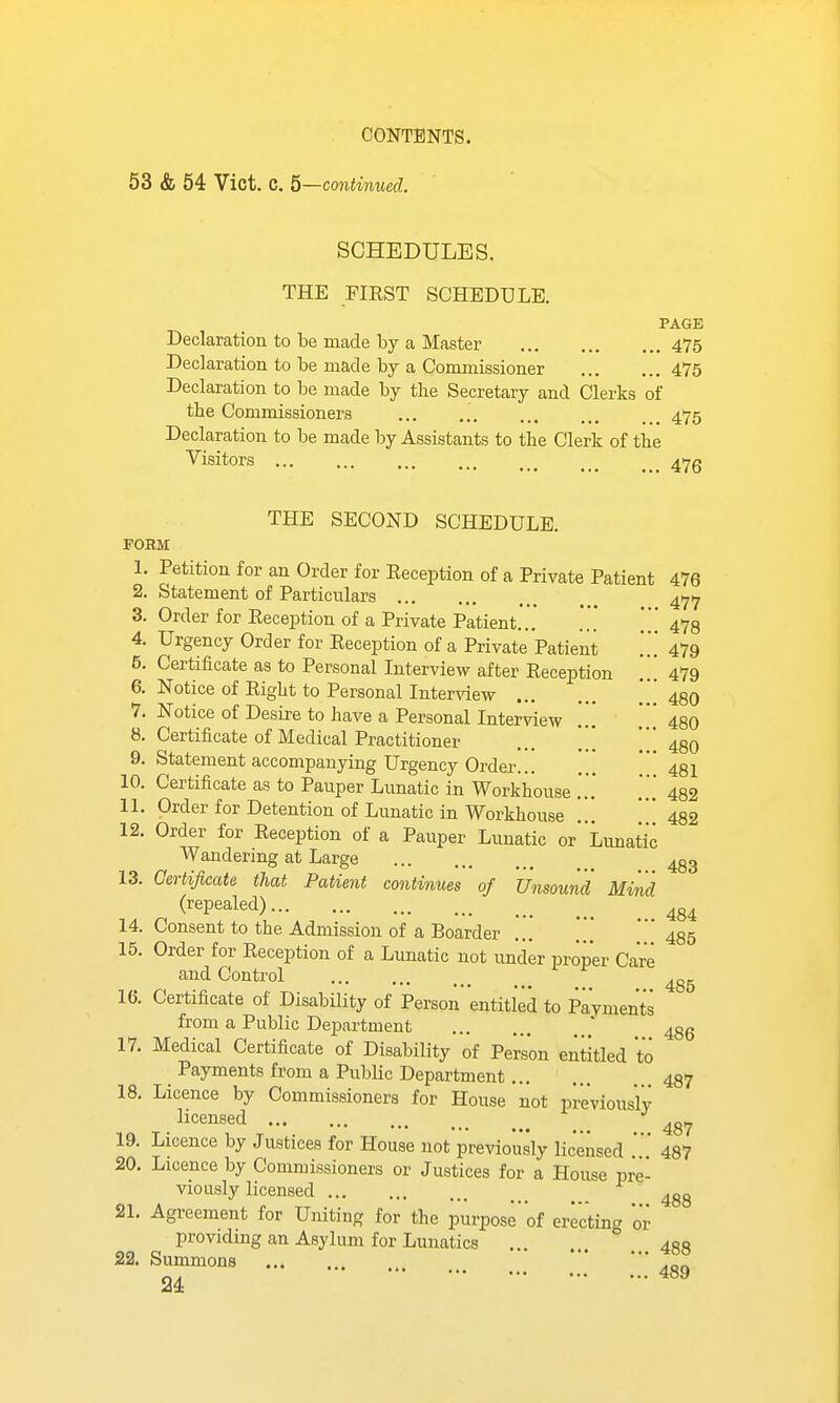 53 & 54 Vict. C, 5—continued. SCHEDULES. THE FIRST SCHEDULE. PAGE Declaration to be made by a Master 475 Declaration to be made by a Commissioner 475 Declaration to be made by the Secretary and Clerks of the Commissioners 475 Declaration to be made by Assistants to the Clerk of the Visitors 47g THE SECOND SCHEDULE. FORM 1. Petition for an Order for Eeception of a Private Patient 476 2. Statement of Particulars 477 3. Order for Reception of a Private Patient... .*.'* ! 478 4. Urgency Order for Reception of a Private Patient ... 479 5. Certificate as to Personal Interview after Eeception ... 479 6. Notice of Right to Personal Interview .*.'. 480 7. Notice of Desire to have a Personal Interview . .. '  480 8. Certificate of Medical Practitioner * ...480 9. Statement accompanying Urgency Order  431 10. Certificate as to Pauper Lunatic in Workhouse .'.. ..'.' 482 IL Order for Detention of Lunatic in Workhouse482 12. Order for Reception of a Pauper Lunatic or'Lunatic Wandering at Large 433 13. Certificate that Patient continues of Unsound Mind (repealed) 14. Consent to the Admission of a Boarder ...  485 15. Order for Reception of a Lunatic not under proper Care and Control 16. Certificate of Disability of Person 'entitled to Payments from a Public Dej)artment 43g 17. Medical Certificate of Disability of Person entitled 'to Payments from a Public Department ... . 437 18. Licence by Commissioners for House not previously licensed 19. Licence by Justices for House not previo'u'sly licensed 487 20. Licence by Commissioners or Justices for a House pre- viously licensed 21. Agreement for Uniting for the purpose of erecting 'or providmg an Asylum for Lunatics 433 22. Summons 24 488 488 489