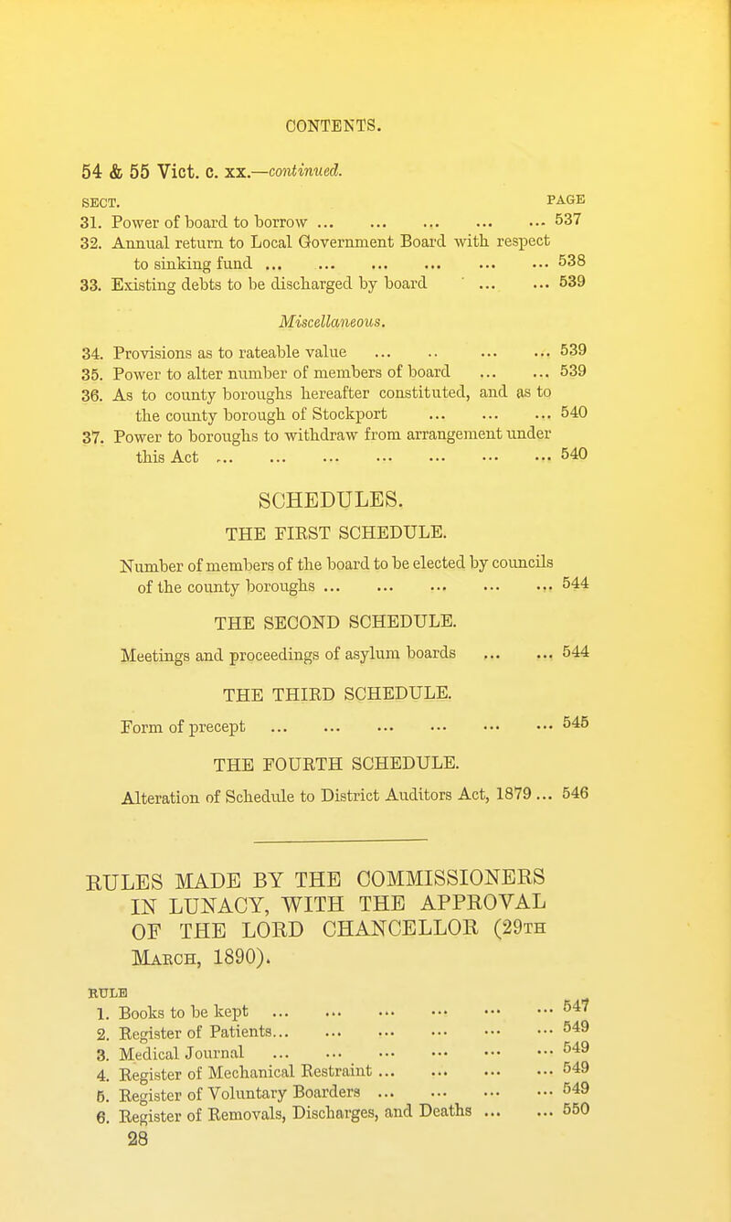 54 & 55 Vict. C. XX.—continued. SECT. 31. Power of board to borrow 537 32. Annual return to Local Government Board with respect to sinking fund 538 33. Existing debts to be discharged by board ' 539 Miscellaneous. 34. Provisions as to rateable value 539 35. Power to alter niunber of members of board 539 36. As to county boroughs hereafter constituted, and as to the county borough of Stockport 540 37. Power to boroughs to withdraw from arrangement under this Act 540 SCHEDULES. THE FIKST SCHEDULE. Number of members of the board to be elected by councils of the county boroughs 544 THE SECOND SCHEDULE. Meetings and proceedings of asylum boards , 544 THE THIRD SCHEDULE. Porm of precept 545 THE FOURTH SCHEDULE. Alteration of Schedule to District Auditors Act, 1879 ... 546 RULES MADE BY THE COMMISSIONERS IN LUNACY, WITH THE APPROVAL OF THE LORD CHANCELLOR (29th March, 1890). RULE 1. Books to be kept • 2. Register of Patients 3. Medical Journal _ 4. Register of Mechanical Restraint 6. Register of Voluntary Boarders 6. Register of Removals, Discharges, and Deaths ... 28 ... 547 ... 549 ... 549 ... 549 ... 549 ... 550