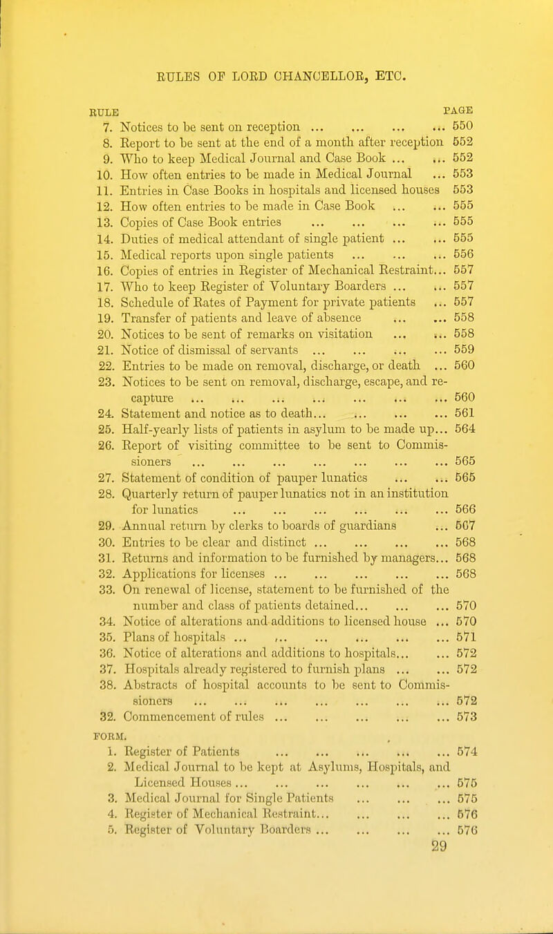 ETJLES OF LOED OHANOELLOE, ETC. RULE PAGE 7. Notices to be sent on reception 550 8. Report to be sent at the end of a nioutb after reception 552 9. Who to keep Medical Journal and Case Book 552 10. How often entries to be made in Medical Journal ... 553 11. Entries in Case Books in hospitals and licensed houses 553 12. How often entries to be made in Case Book 555 13. Copies of Case Book entries 555 14. Duties of medical attendant of single patient 555 15. Medical reports upon single patients 556 16. Copies of entries in Register of Mechanical Restraint... 567 17. Who to keep Register of Voluntary Boarders 557 18. Schedule of Rates of Payment for private patients ... 557 19. Transfer of patients and leave of absence 558 20. Notices to be sent of remarks on visitation ... i.. 558 21. Notice of dismissal of servants ... ... ... ... 559 22. Entries to be made on removal, discharge, or death ... 560 23. Notices to be sent on removal, discharge, escape, and re- capture ... 4 560 24 Statement and notice as to death 561 25. Half-yearly lists of patients in asylum to be made up... 564 26. Report of visiting comndttee to be sent to Commis- sioners ... ... ... ... ... ... ... 565 27. Statement of condition of pauper lunatics ... ... 565 28. Quarterly return of pauper limatics not in an institution for lunatics 566 29. Annual return by clerks to boards of guardians ... 507 30. Entries to be clear and distinct 568 31. Returns and information to be furnished by managers... 568 32. Applications for licenses 568 33. On renewal of license, statement to be furnished of the number and class of patients detained... ... ... 570 34. Notice of alterations and additions to licensed house ... 570 35. Plans of hospitals ... , 571 36. Notice of alterations and additions to hospitals 572 37. Hospitals already registered to furnish plans 572 38. Abstracts of hospital accounts to be sent to Commis- sioners 572 32. Commencement of rules 573 FORM. 1. Register of Patients 574 2. Medical Journal to be kept at Asylums, Hospitals, and Licensed Houses... ... ... ... ... ... 575 3. Medical Journal for Single Patients ... ... ... 575 4. Register of Mechanical Restraint 676 5. Register of Voluntary Boarders 576