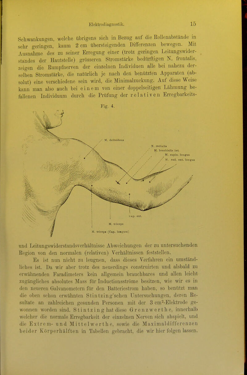 Schwankungen, welche übrigens sich in Bezug auf die Eollenabstände in sehr f'eringen, kaum 2 cm titaersteigenden Differenzen bewegen. Mit Ausnahme des zu seiner Erregung einer (trotz geringen Leitungswider- standes der Hautstelle) grösseren Stromstärke bedürftigen N. frontalis, zeigen die Eumpfnerven der einzelnen Individuen alle bei nahezu der- selben Stromstärke, die natürlich je nach den benützten Apparaten (ab- solut) eine verschiedene sein wird, die Minimalzuckung. Auf diese Weise kann man also auch bei einem von einer doppelseitigen Lähmung be- fallenen Individuum durch die Prüfimg der relativen Erregbarkeits- Fig. 4. und Leitungswiderstandsverhältnisse Abweichungen der zu untersuchenden Eegion von den normalen (relativen) Verhältnissen feststellen. Es ist nun nicht zu leugnen, dass dieses Verfahren ein umständ- liches ist. Da wir aber trotz des neuerdings consti'uirten und alsbald zu erwähnenden Paradimeters kein allgemein brauchbares und allen leicht zugängliches absolutes Mass für Inductionsstrüme besitzen, wie wir es in den neueren Galvanometern für den Batteriestrom haben, so benützt man die oben schon erwähnten Stiiitzing'schen Untersuchungen, deren Ee- sultate an zahlreichen gesunden Personen mit der 3 cm^-Elektrode ge- wonnen worden sind. S t i n t z i n g hat diese G r e n z w e r t h e, innerhalb welcher die normale Erregbarkeit der einzelnen Nerven sich abspielt, und die Extrem- und Mittel wert h e, sowie die Maximaldifferenzen beider Körporhälften in Tabellen gcl)racht, die wir hier folgen lassen.