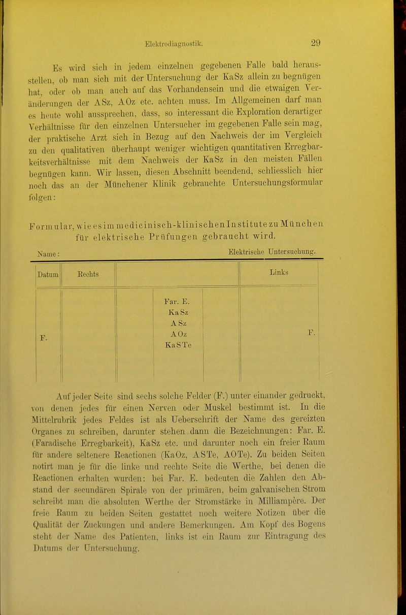 Es wird sich in jedciu oinzelnen gegebenen Falle bald heraus- stellen, ob man sich mit der Untersuchung der KaSz allein zn begnügen hat, oder ob man auch auf das Vorhandensein und die etwaigen Ver- ämlerungen der ASz, AOz etc. achten muss. Im Allgemeinen darf man es heute wohl aussprechen, dass, so interessant die Exploration derartiger Verhältnisse für den einzelnen Untersucher im gegebenen Falle sein mag, der praktische Arzt sich in Bezug auf den Nachweis der im Vergleich zu den qualitativen überhaupt weniger wichtigen quantitativen Erregbar- keitsverhiiltnisse mit dem Nachweis der KaSz in den meisten Fällen begnügen kann. Wir lassen, diesen Abschnitt beendend, schliesslich hier jioch das an der Münchener Klinik gebrauchte Untersuchungsformular folgen: Formular, wieesim medicinisch-klinischenlnstitutezuMünehen für elektrische Prüfungen gebraucht wird. ]S(ame: Elektrische Untersiieliung. Datum Eeehts Links F. Far. E. KaSz ASz AOz KaSTe F. Auf jeder Seite sind sechs solche Felder (F.) unter einander gedruckt, vuu denen jedes für einen Nerven oder Muskel bestimmt ist. In die Mittehubrik jedes Feldes ist als Uebersclmft der Name des gereizten Organes zu schreiben, darunter stehen dann die Bezeichnimgen: Far. E. (Faradische EiTegbarkeit), KaSz etc. und darunter noch ein freier Eaum liir andere seltenere EeactioiLcn (KaOz, ASTe, AOTe). Zu beiden Seiten notirt man je für die linke und rechte Seite die Werthe, bei denen die Reactionen erhalten wurden; bei Far. E. bedeuten die Zahlen den Ab- stand der secundären Spirale von der primären, beim galvanischen Strom schreibt man die absoluten Werthe der Stromstärke in Milliampere. Der freie Raum zu beiden Seiten gestattet noch weitere Notizen über die Qualität der Zuckungen und andere Bemerkungen. Am Kopf des Bogens steht der Name de,s Patienten, links ist ein Raum zur Eintragung des Datums (h-r Untersuchung.