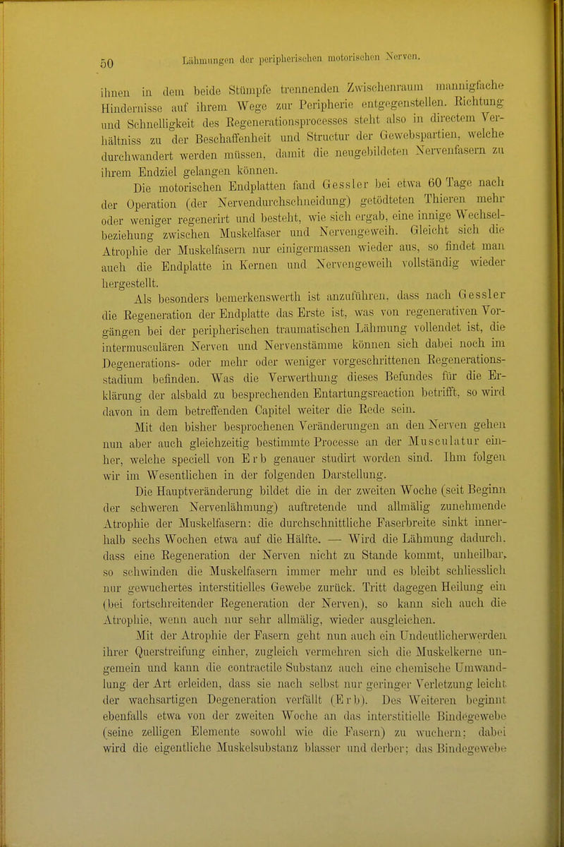 ihnen in dem beide Stümpfe trennenden Zwischenraum mannigfache Hindernisse auf ihrem Wege zur Peripherie entgegenstellen. Richtung und SchneUigkeit des Eegenerationsprocesses steht also in directem Ver- hältniss zu der Beschaffenheit und Structur der Gewebspartien, welche durchwandert werden müssen, damit die neuge))ildeten Xervenfesern zn ihrem Endziel gelangen können. Die motorischen Endplatten fand Gessler bei etwa 60 Tage nach der Operation (der Nervendurchschneidung) getödteten Thieren mehr oder weniger regenerirt und besteht, wie sich ergab, eine innige Wechsel- beziehung zwischen Muskelfaser und Nervengeweih. Gleicht sich die Atrophie der Muskelfasern nur einigermassen wieder aus, so findet man auch die Endplatte in Kernen und Nervengeweih vollständig wieder hergestellt. Als besonders bemerkenswerth ist anzuführen, dass nach Gessler die Regeneration der Endplatte das Erste ist, was von regenerativen Vor- gängen bei der peripherischen traumatischen Lähmung vollendet ist, die intermusculären Nerven und Nervenstämme können sich dabei noch im Degenerations- oder mehr oder weniger vorgeschrittenen Eegenerations- stadium befinden. Was die Verwerthung dieses Befundes für die Er- klärung der alsbald zu besprechenden Entartungsreaction betrifft, so wird davon in dem betreffenden Capitel weiter die Rede sein. Mit den bisher besprochenen Veränderungen an den Nerven gehen nun aber auch gleichzeitig bestimmte Processe an der Musculatur ein- her, welche specieU von Erb genauer studirt worden sind. Ihm folgen wir im Wesentlichen in der folgenden Darstellung. Die Hauptveränderung bildet die in der zweiten Woche (seit Beginn der schweren Nervenlähmung) auftretende und allmälig zunehmende Atrophie der Muskelfasern: die durchschnittliche Paserbreite sinkt inner- halb sechs Wochen etwa auf die Hälfte. — Wird die Lähmung dadurch, dass eine Regeneration der Nerven nicht zu Stande kommt, unheilbar, so schwinden die Muskelfasern immer mehr und es bleibt schliessüeh nur gowuchertes interstitielles Gewebe zurück. Tritt dagegen Heilung ein (bei fortschreitender Regeneration der Nerven), so kann sich auch die Atrophie, wenn auch nur sehr allmälig, wieder ausgleichen. Mit der Atrophie der Pasern geht nun auch ein Undeutlicherwerden ihrer Querstreifung einher, zugleich vermehren sich die Muskelkerne un- gemein und kann die contractile Substanz auch eine chemische Umwand- lung der Art erleiden, dass sie nach selbst nur geringer Verletzung leicht der wachsartigen Degeneration verfällt (Erb). Des Weiteren beginnt ebenfalls etwa von der zweiten Woche an das interstitielle Bindegewebe (seine zeUigen Elemente sowohl wie die Pasorn) zu wuchern; dabei wird die eigentliche Muskelsubstanz blasser und derber; das Biudegewob(^
