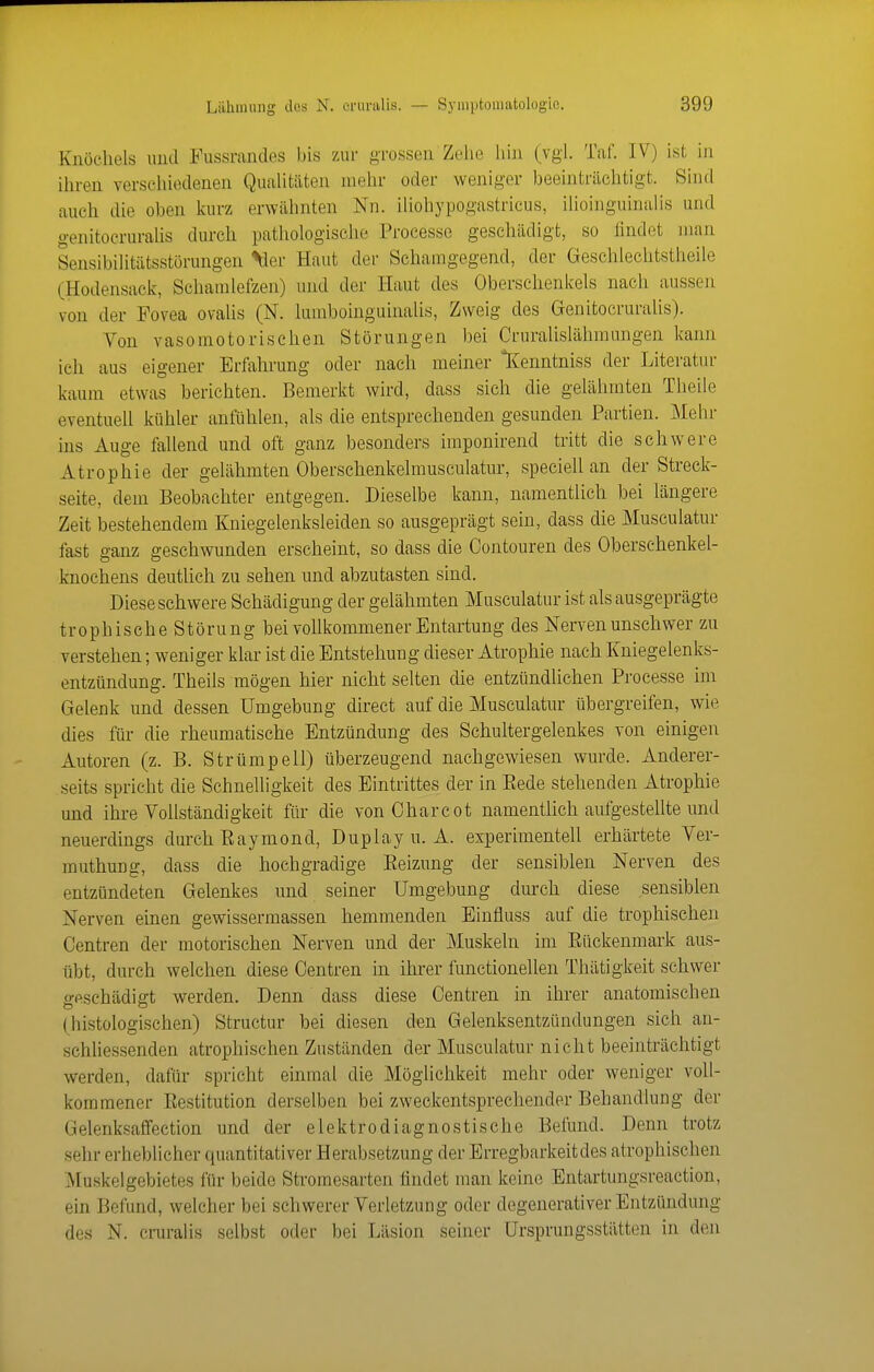 Knöchels imd Fussrandes bis zur grossen Zehe hin (vgl. Tat'. IV) ist in ihren verschiedenen Qualitäten mehr oder weniger beeinträchtigt. Sind auch die oben kurz erwähnten Nn. iliohypogastricus, ilioinguinalis und genitocruralis durch pathologische Processe geschädigt, so findet man Sensibilitätsstörungen Mer Haut der Schamgegend, der Geschlechtstheile (Hodensack, Schamlefzen) und der Haut des Obersehenkels nach aussen von der Fovea ovalis (N. lumboinguinalis. Zweig des Genitocruralis). Von vasomotorischen Störungen bei Cruralislähraungen kann ich aus eigener Erfahrung oder nach meiner Kenntniss der Literatur kaum etwas berichten. Bemerkt wird, dass sich die gelähmten Theile eventuell kühler anfühlen, als die entsprechenden gesunden Partien. Mehr ins Auge fallend und oft ganz besonders imponirend tritt die schwere Atrophie der gelähmten Oberschenkelmusculatur, speciell an der Streck- seite, dem Beobachter entgegen. Dieselbe kann, namentlich bei längere Zeit bestehendem Kniegelenksleiden so ausgeprägt sein, dass die Musculatur fast ganz geschwunden erscheint, so dass die Contouren des Oberschenkel- knochens deutlich zu sehen und abzutasten sind. Diese schwere Schädigung der gelähmten Musculatur ist als ausgeprägte trophische Störung bei vollkommener Entartung des Nerven unschwer zu verstehen; weniger klar ist die Entstehung dieser Atrophie nach Kniegelenks- entzündung. Theils mögen hier nicht selten die entzündlichen Processe im Gelenk und dessen Umgebung direct auf die Musculatur übergreifen, wie dies für die rheumatische Entzündung des Schultergelenkes von einigen Autoren (z. B. Strümpell) überzeugend nachgewiesen wurde. Anderer- seits spricht die Schnehigkeit des Eintrittes der in Eede stehenden Atrophie und ihre Vollständigkeit für die von Oharcot namentlich aufgestellte und neuerdings durch Eaymond, Duplay u. A. experimentell erhärtete Ver- muthung, dass die hochgradige Eeizung der sensiblen Nerven des entzündeten Gelenkes und seiner Umgebung durch diese sensiblen Nerven einen gewissermassen hemmenden Einfluss auf die trophischen Centren der motorischen Nerven und der Muskeln im Eückenmark au.s- übt, durch welchen diese Centren in ihrer functionellen Thätigkeit schwer geschädigt werden. Denn dass diese Centren in ihrer anatomischen (histologischen) Structur bei diesen den Gelenksentzündungen sich an- schliessenden atrophischen Zuständen der Musculatur nicht beeinträchtigt werden, dafür spricht einmal die Möglichkeit mehr oder weniger voll- kommener Eestitution derselben bei zweckentsprechender Behandlung der Gelenksaffection und der elektrodiagnostische Befund. Denn trotz sehr erheblicher quantitativer Herabsetzung der Erregbarkeitdes atrophischen Muskelgebietes für beide Stromesarten findet man keine Entartungsreaction, ein Befund, welcher bei schwerer Verletzung oder degenerativer Entzündung des N. cnn-alis selbst oder bei Läsion seiner Ursprungsstätten in den