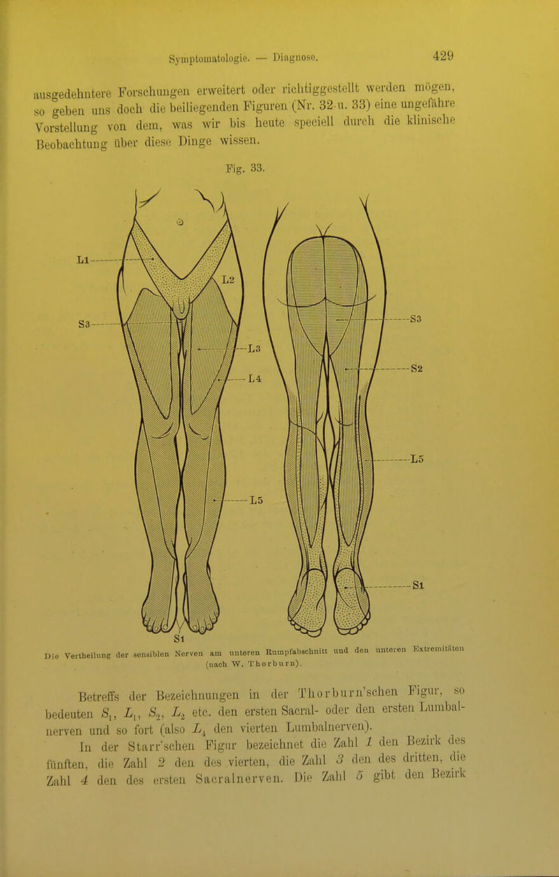 •luso-edehntere Forschungen erweitert oder richtiggestellt werden mögen, 80 geben uns doch die beiliegenden Figuren (Nr. 32.u. 33) eine ungefähre Vorstellung von dem, was wir bis heute speciell durch die klinische Beobachtung über diese Dinge wissen. Ll- S3- Pig. 33. Die Vertheilung der sensiblen Nerven am unteren Rumpfabschnitt und den unteren Extremitiiton (nach W. Thorburn). Betreffs der Bezeichnungen in der Thorburn'schen Figur, so bedeuten Ä,, i,, S._, L., etc. den ersten Sacral- oder den ersten Lumbal- nerven und so fort (also L,^ den vierten Lumbalnerven). In der Starrschen Figur bezeichnet die Zahl 1 den Bezirk des fünften, die Zahl 2 den des vierten, die Zahl 3 den des dritten, die Zahl 4 den des ersten Sacralnerven. Die Zahl 5 gibt den Bezirk