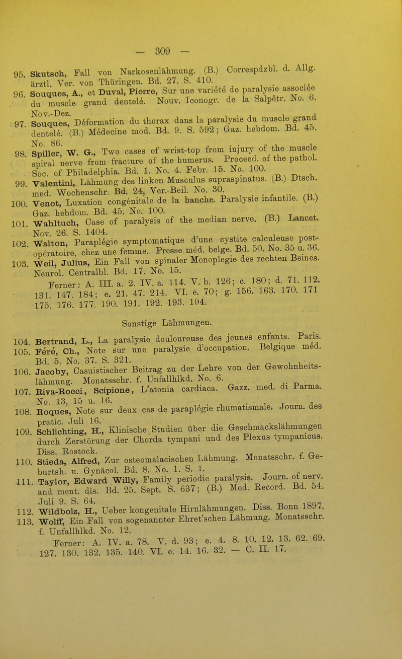 95 Skutsoh, Fall von Narkosenlähmung. (B.) Correspdzbl. d. Allg. ' ärztl. Ver. von Thüringen. Bd. 27. S. 410. 96. Souques, A., et Duval, Pierre, Sur une varidte de paralysie associöe du muscle grand deutelt. Nouv. Iconogr. de la Salpetr. No. 6. 97 Soua^eX Döformation du thorax dans la paralysie du muscle grand deutele. (B.) M6decine med. Bd. 9. S. 592; Gaz. hebdom. Bd. 45. 98 Spüler,' W. G., Two cases of wrist-top from injury o£ the muscle ■ Spiral nerve from fracture of the humerus. Proceed. of the pathol. Soc. of Philadelphia. Bd. 1. No. 4. Febr. 15. No. 100. 99 Valentini, Lähmung des linken Musculus supraspmatus. (B.) Utsch. ■ med. Wochenschr. Bd. 24, Ver.-Beil No 30^ , . . „ .^.s 100 Venot, Luxation congenitale de la hanche. Paralysie infantile. (B.) Gaz. hebdom. Bd. 45. No. 100. m ^ t ^ 101. Wahltuch, Gase of paralysis of the median nerve. (B.) Lancet. Nov. 26. S. 1404. . , i 102. Walton, Parapl^gie symptomatique d'une cystite calculeuse post- operatoire, chez une femme. Presse mM. beige. Bd. 50. No. 35 u. 36. 103 Weü, Julius, Ein Fall von spinaler Monoplegie des rechten Beines. ' Neurol. Centralbl. Bd. 17. No. 15. Ferner- A IH. a. 2. IV. a. 114. V. b. 126; c. 180; d. 71. 112. 131 147 184; e. 21. 47. 214. VL e. 70; g. 156.- 163. 170. 171 175. 176. 177. 190. 191. 192. 193. 194. Sonstige Lähmungen. 104 Bertrand, L., La paralysie douloureuse des jeunes enfants. Paris. 105 Pere, Gh., Note sur une paralysie d'occupation. Belgique möd. Bd. 5. No. 37. S. 321. 106. Jacoby, Casuistischer Beitrag zu der Lehre von der Gewohnheits- lähmung. Monatsschr. f. Unfallhlkd. No. 6. ^ ^. -n 107. Riva-Rocci, Scipione, L'atonia cardiaca. Gazz. med. di Parma. No. 13, 15 u. 16. . n T j 108. Roques, Note sur deux cas de parapl6gie rhumatismale. Journ. des 109 SchlicM^i^g, h!. Klinische Studien über die Geschmackslähmungen ' durch Zerstörung der Chorda tympani und des Plexus tympamcus. Diss. Rostock. ^ -u f 110. Stieda, Alfred, Zur osteomalacischen Lähmung. Monatsschr. t. ^re- burtsh. u. Gynäcol. Bd. 8. No. 1. S. 1. 111. Taylor, Edward WiUy, Family periodic V^^^h^^^-^''''l''-^^}'^ll and ment. dis. Bd. 25. Sept. S. 637; (B.) Med. Record. Bd. 54. Juli 9. S. 64. ^. ^ 112 Wüdbolz, H., Ueber kongenitale Hirnlähmungen. Diss. Bonn l»y/. 113. Wolff, Ein Fall von sogenannter Ehret'schen Lähmung. Monatsschr. * f. Unfallhlkd. No. 12. Ferner: A. IV. a. 78. V. d. 93; e. 4. 8. 10. 12. 13. 62. 69. 127. 130. 132. 135. 140. VL e. 14. 16. 32. — C. IL 17.