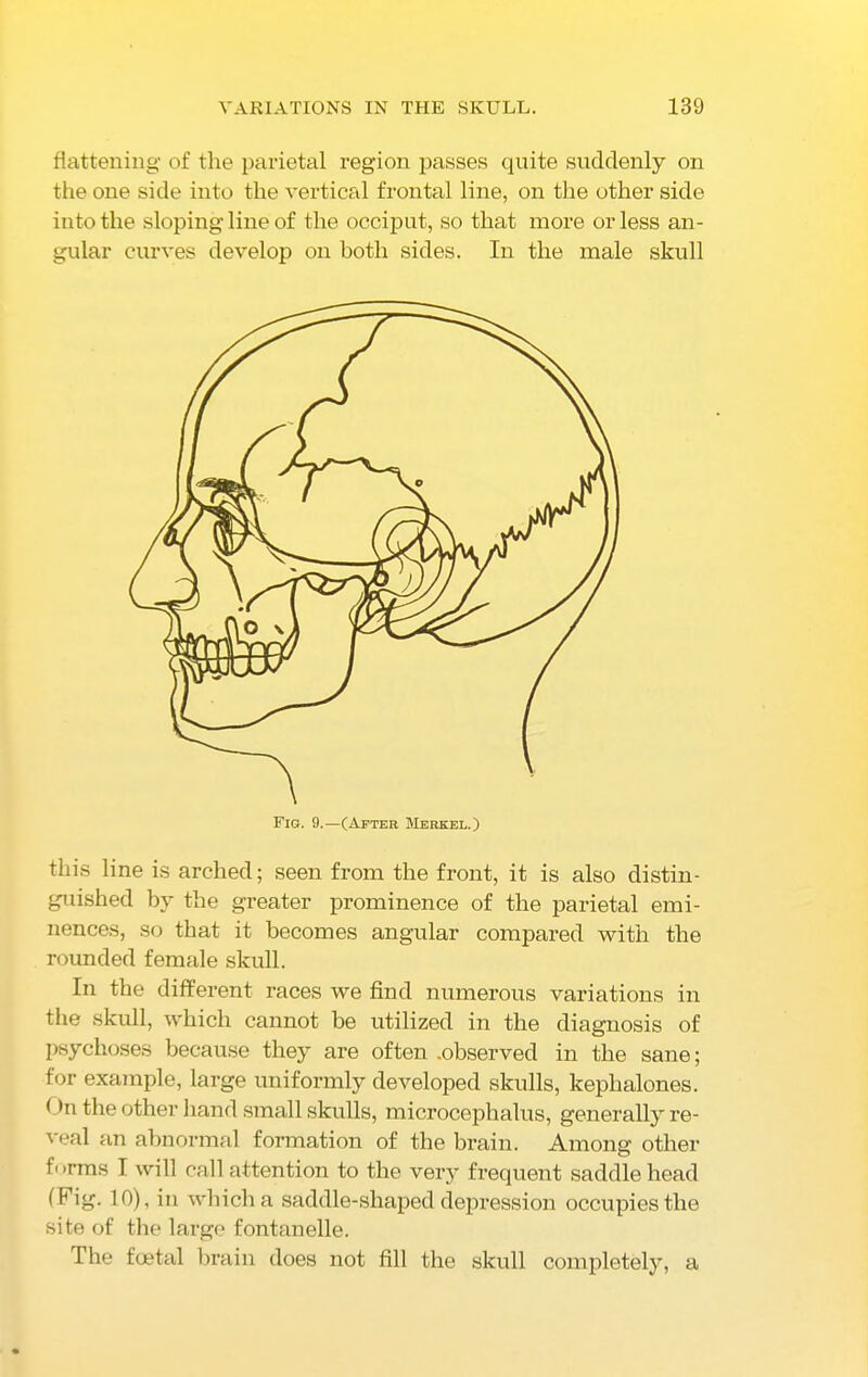 flattening of the parietal region passes quite suddenly on the one side into the vertical frontal line, on the other side into the sloping line of the occiput, so that more or less an- gular curves develop on both sides. In the male skull this line is arched; seen from the front, it is also distin- guished by the greater prominence of the parietal emi- nences, so that it becomes angular compared with the rounded female skull. In the different races we find numerous variations in the skull, which cannot be utilized in the diagnosis of psychoses because they are often .observed in the sane; for example, large uniformly developed skulls, keplialones. On the other hand small skulls, microcephalus, generally re- veal an abnormal formation of the brain. Among other f' Tins I will call attention to the very frequent saddle head (Fig. 10), in which a saddle-shaped depression occupies the site of the large fontanelle. The foetal brain does not fill the skull completely, a