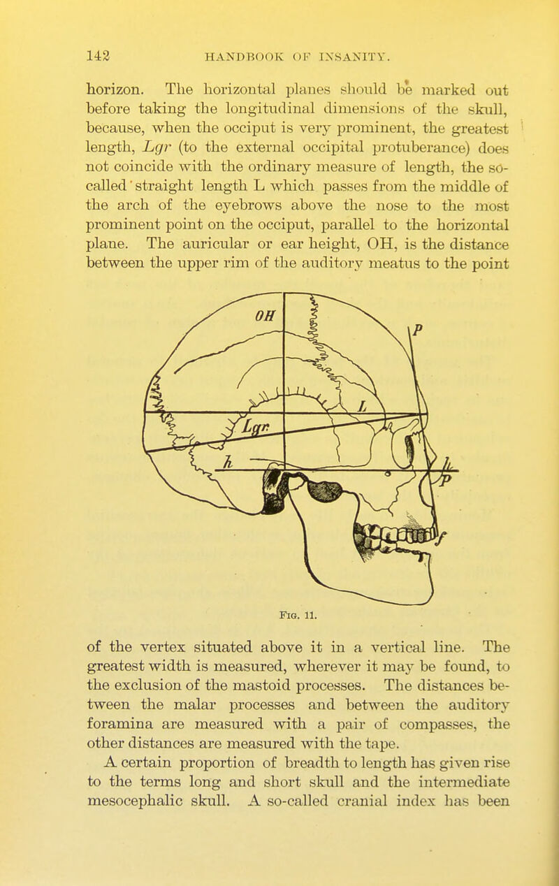 horizon. The horizontal planes should be marked out before taking the longitudinal dimensions of the skull, because, when the occiput is very prominent, the greatest length, Lgr (to the external occipital protuberance) does not coincide with the ordinary measure of length, the so- called ' straight length L which passes from the middle of the arch of the eyebrows above the nose to the most prominent point on the occiput, parallel to the horizontal plane. The auricular or ear height, OH, is the distance between the upper rim of the auditory meatus to the point of the vertex situated above it in a vertical line. The greatest width is measured, wherever it may be found, to the exclusion of the mastoid processes. The distances be- tween the malar processes and between the auditory foramina are measured with a pair of compasses, the other distances are measured with the tape. A certain proportion of breadth to length has given rise to the terms long and short skull and the intermediate mesocephalic skull. A so-called cranial index has been