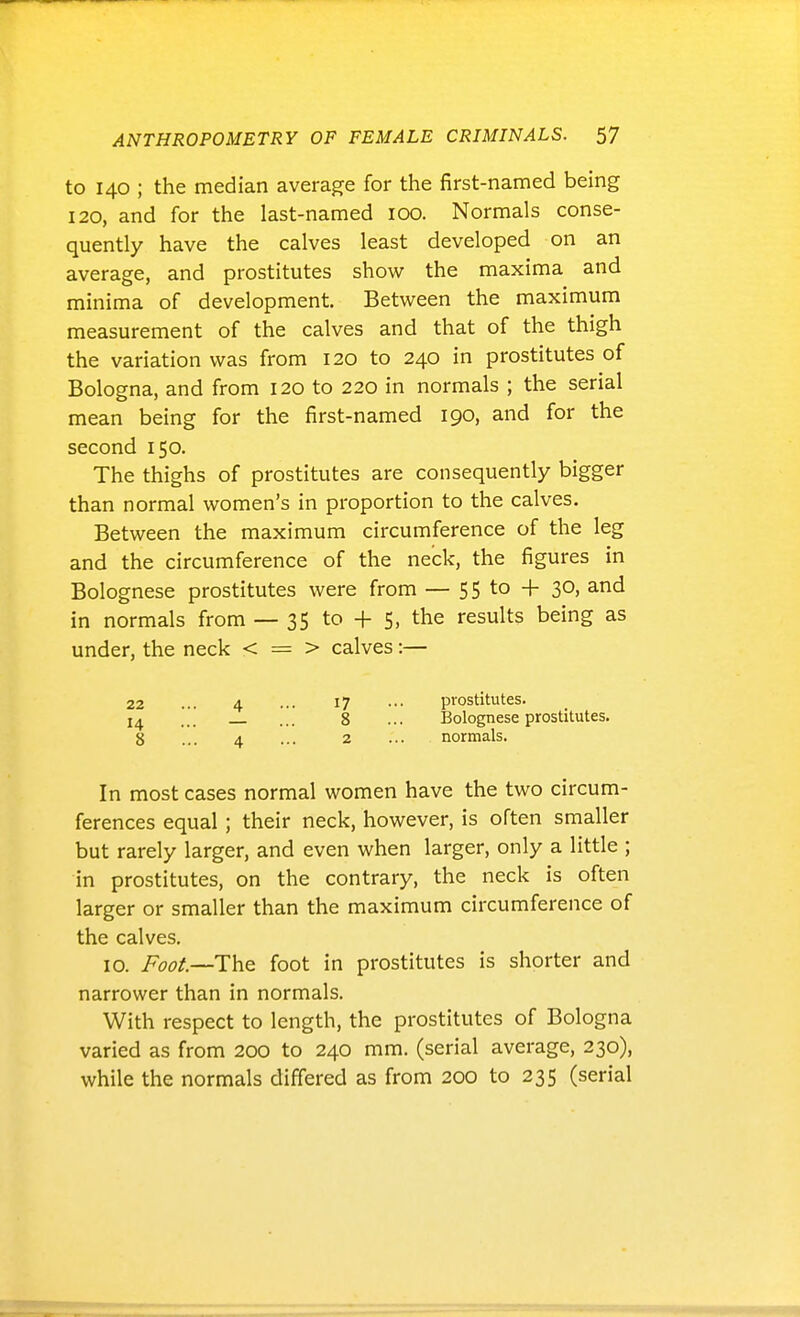 to 140 ; the median average for the first-named being 120, and for the last-named 100. Normals conse- quently have the calves least developed on an average, and prostitutes show the maxima and minima of development. Between the maximum measurement of the calves and that of the thigh the variation was from 120 to 240 in prostitutes of Bologna, and from 120 to 220 in normals ; the serial mean being for the first-named 190, and for the second 150. The thighs of prostitutes are consequently bigger than normal women's in proportion to the calves. Between the maximum circumference of the leg and the circumference of the neck, the figures in Bolognese prostitutes were from — 55 to + 30, and in normals from — 35 to -f 5, the results being as under, the neck < = > calves:— 22 ... 4 ... 17 ••• prostitutes. 14 ... 8 ... Bolognese prostitutes. 8 ... 4 ... 2 ... normals. In most cases normal women have the two circum- ferences equal; their neck, however, is often smaller but rarely larger, and even when larger, only a little ; in prostitutes, on the contrary, the neck is often larger or smaller than the maximum circumference of the calves. 10. Foot.—The foot in prostitutes is shorter and narrower than in normals. With respect to length, the prostitutes of Bologna varied as from 200 to 240 mm. (serial average, 230), while the normals differed as from 200 to 235 (serial