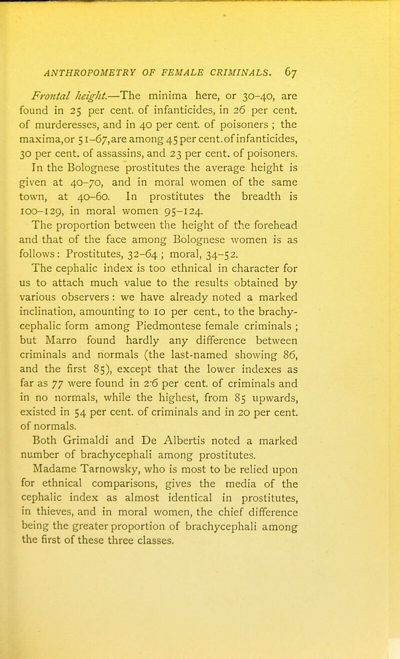 Frontal height.—The minima here, or 30-40, are found in 25 per cent, of infanticides, in 26 per cent, of murderesses, and in 40 per cent, of poisoners ; the maxima,or 51-67, are among 45 per cent, of infanticides, 30 per cent, of assassins, and 23 per cent, of poisoners. In the Bolognese prostitutes the average height is given at 40-70, and in moral women of the same town, at 40-60. In prostitutes the breadth is 100-129, in moral women 95-124. The proportion between the height of the forehead and that of the face among Bolognese women is as follows: Prostitutes, 32-64 ; moral, 34-52. The cephalic index is too ethnical in character for us to attach much value to the results obtained by various observers : we have already noted a marked inclination, amounting to 10 per cent, to the brachy- cephalic form among Piedmontese female criminals ; but Marro found hardly any difference between criminals and normals (the last-named showing 86, and the first 85), except that the lower indexes as far as 77 were found in 2*6 per cent, of criminals and in no normals, while the highest, from 85 upwards, existed in 54 per cent, of criminals and in 20 per cent, of normals. Both Grimaldi and De Albertis noted a marked number of brachycephali among prostitutes. Madame Tarnowsky, who is most to be relied upon for ethnical comparisons, gives the media of the cephalic index as almost identical in prostitutes, in thieves, and in moral women, the chief difference being the greater proportion of brachycephali among the first of these three classes.