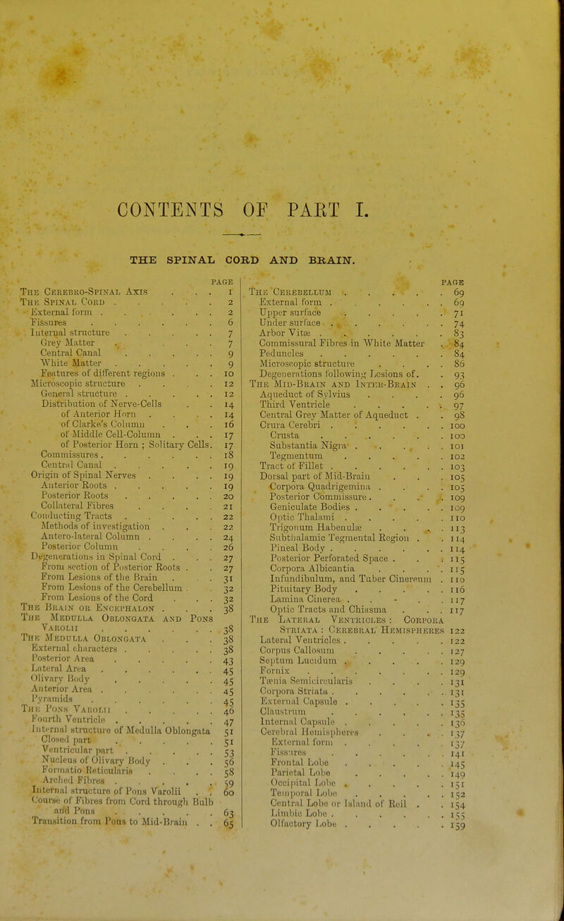 THE SPINAL CORD AND BRAIN. The Ceiiebuo-Spinal Axis Tub Spinat, Cord .... External form ..... Fis.siires ..... luterual structure .... Grey Matter . , , . Central Canal .... White Matter .... Features of dilTerent regions . Microscopic structure Geueral structure .... Distribution of Nerve-Cells of Anterior Horn of Clarke's Column of iliddle Cell-Column . of Posterior Horn ; Solitary Cells Commissures ..... Cuntnil Canal .... Origin of Spinal Nerves Anterior Roots .... Posterior Roots .... Collateral Fibres C'oMilucting Tracts .... jMethods of investigation Antero-lateral Column . Posterior Column Degenerations in Spinal Cord . From section of Posterior Roots . From Lesions of the Brain From Lesions of tlie Cerebellum . From Lesious of the Cord The Brain or Excei'Halon . The Medulla Oblongata and Pons Varolii Thk Medulla Oblongata E.xternal characters .... Posterior Area .... Lateral Arva ..... Olivary B(j<ly .... Anterior Area ..... Pyramids ..... The Pon.s Vakomi .... Fourth Ventricle .... Internal structure of Medulla Oblongata Closed part .... Ventricular part .... Nucleus of Olivary Body . Fortnatio Reticularis Arched Fibres .... Internal structure of Pons Varolii Course of Fibres from Cord through Bulb and Pons .... Transition from Pons to Mid-Brain . page I 2 2 6 7 7 9 9 10 12 12 14 14 i6 17 17 i8 19 19 19 20 21 22 22 24 26 27 27 31 32 32 38 38 38 38 43 45 45 45 45 46 47 51 51 53 56 58 S9 60 63 65 Thu Cerebellum .... External form ..... Upj)er surface .... Under sui'l'ace ..... Arbor VitK ..... Commissural Fibres in White Matter Peduncles ..... Microscopic structure Degenerations following Lesions of. The Mid-Brain and 1nti:r-Brain . Aqueduct of Sylvius Third Ventricle .... Central Grey Matter of Aqueduct . Crura Cerebri ..... Criista ..... Substantia Nigra . . . ; Tegmentum .... Tract of Fillet Dorsal part of Mid-Brain Corpora Quadrigemin:i . Posterior Commissure . Geniculate Bodies .... Optic Thalami .... Trigonum Habenula? Subthalamic Tegmental Region . Pineal Body ..... Posterior Perforated Sj)ace . Corpora Albicantia Infundibulum, aud Tuber Cinereum Pituitary Body .... Lamina Cinerea . . - . Optic Tracts and Chiasma The Lateral Ventricles : Corpora Striata: Cerebr.al Hemispheres Lateral Ventricles .... Corpus Callosum Se])tum Lucid urn .... Fornix ..... Tipnia Semicii'cularis Corpora Striata .... E.xternal Capsule .... Claustrum .... Internal Capsule .... Cerebral lleniisplieri's External form .... Fiss'.u'os .... Frontal Lobe .... Parietal Lobe Occipital Lobe .... Temporal Lobe Central Lobe or Ishind of Reil . Limbic Lobe .... Olfactory Lobe .... PAGE 69
