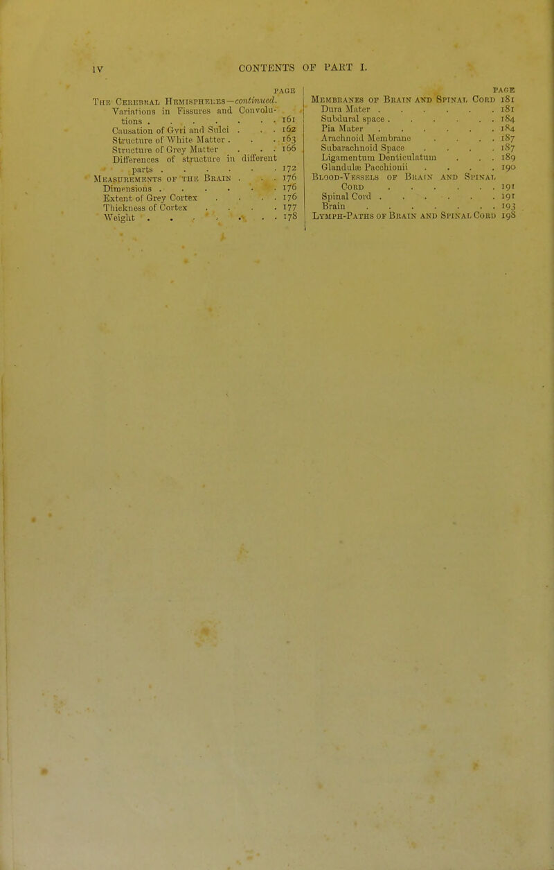 PAGE The Cerebkal Hemispheues—con^imicrf. Variations in Fissures and Convolu- tions i6i Causation of Gvii and Sulci . . . 162 Structure of White Matter . . . 163 Structure of Grey Matter . . .166 DiB'erences of structure in different parts . . • • • .172 Measurements of thu Brain . . . 176 Dimensions . . . • • .176 Extent of Grey Cortex . . . . 176 Thickness of Cortex . . . .177 Weight 178 PAOE Membranes of Brain and Spinal Cord 181 Dura Mater 181 Subdural space . . . . . 184 Pia Mater i?!4 Arachnoid Membrane . . . . 187 Subarachnoid Space .... 187 Ligamentum Denticulatuni . . . 189 Glandulae Pacchionii .... 190 Blood-Vrssels of Brain and Spinal Cord 19' Spinal Cord 191 Brain 193 Lymph-Paths of Brain and Spinal Coro 198