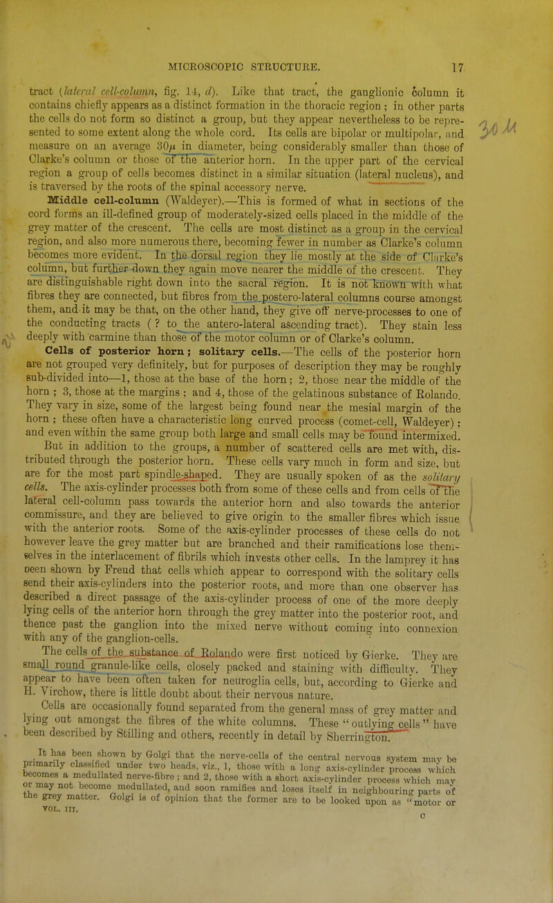 i ti-act {lateral cell-column, fig. li, d). Like that tract, the ganglionic column it contains chiefly appears as a distinct formation in the thoracic region ; in other parts the cells do not forai so distinct a group, but they appear nevertheless to be repre- sented to some extent along the whole cord. Its cells are bipolar or multipolar, iind measure on an average 30yn in diameter, being considerably smaller than those of Clarke's column or those oTfhe anterior horn. In the upper part of the cervical region a group of cells becomes distinct in a similar situation (lateral nucleus), and is traversed by the roots of the spinal accessory nerve. ' ' Middle cell-column (Waldeyer).—This is formed of what in sections of the cord forms an ill-defined group of moderately-sized cells placed in the middle of the grey matter of the crescent. The cells are most distinct as a group in the cervical region, and also more numerous there, becoming fewer in number as Clarke's column becomes more evident. In the dorsal region they lie mostly at the side of Clarke's column, but further down they again move nearer the middle of the crescent. They are distinguishable right down into the sacral region. It is not Imown with what fibres they are connected, but fibres frorn the.postero-lateral columns course amongst them, and it may be that, on the other hand, they give off nerve-processes to one of the conducting tracts ( ? to^he antero-lateral ascending tract). They stain less deeply with carmine than those of the motor column or of Clarke's column. Cells of posterior horn; solitary cells.—The cells of the posterior horn are not grouped very definitely, but for purposes of description they may be roughly sub-divided into—1, those at the base of the horn ; 2, those near the middle of the horn ; 3, those at the margins ; and 4, those of the gelatinous substance of Rolando. They vaiy in size, some of the largest being found near the mesial margin of the horn ; these often have a characteristic long curved process (comet-cell, Waldeyer) : and even within the same group both large and small cells may be found intermixed! But in addition to the groups, a number of scattered cells are met with, dis- tributed through the posterior horn. These cells vaiy much in form and size, but are for the most part spindjershaped. They are usually spoken of as the solitarij cells. The axis-cyhnder processes both from some of these cells and from cells oTlTie lateral cell-column pass towards the anterior horn and also towards the anterior commissure, and they are believed to give origm to the smaller fibres which issue with the anterior roots. Some of the axis-cylinder processes of these cells do not however leave the grey matter but are branched and their ramifications lose them- selves in the interlacement of fibrils which invests other cells. In the lamprey it has oeen shown by Freud that cells which appear to correspond with the solitary cells send their axis-cylinders into the posterior roots, and more than one observer has described a direct passage of the axis-cylinder process of one of the more deeply lying cells of the anterior horn through the grey matter into the posterior root, and thence past the ganglion into the mixed nerve without coming into connexion with any of the ganglion-cells. The cells of the..substance of. RoJando were first noticed by Gierke. They are smail^oundjranule-like cells, closely packed and staining with difficultv. They appear to have been often taken for neuroglia cells, but, according to Gierke and H. Virchow, there is httle doubt about their nervous nature. Cells are occasionally found separated from the general mass of gi-ey matter and lying out amongst the fibres of the white columns. These  outlying_celIs  have been described by Stilling and others, recently in detail by SherringEsS^ It has been shown by Golgi that the nerve-cells of the central nervous system may be primarily classified under two heads, viz., 1, those with a long axis-cylinder process which becomes a medullated nei-ve-fibre ; and 2, those with a short axis-cylinder process which may or may not become medullated, and soon ramifies and loses itself in neighbouring parts of the grey matter. Golgi is of opinion that the former are to be loolied upon as motor or VOI,. IIT.