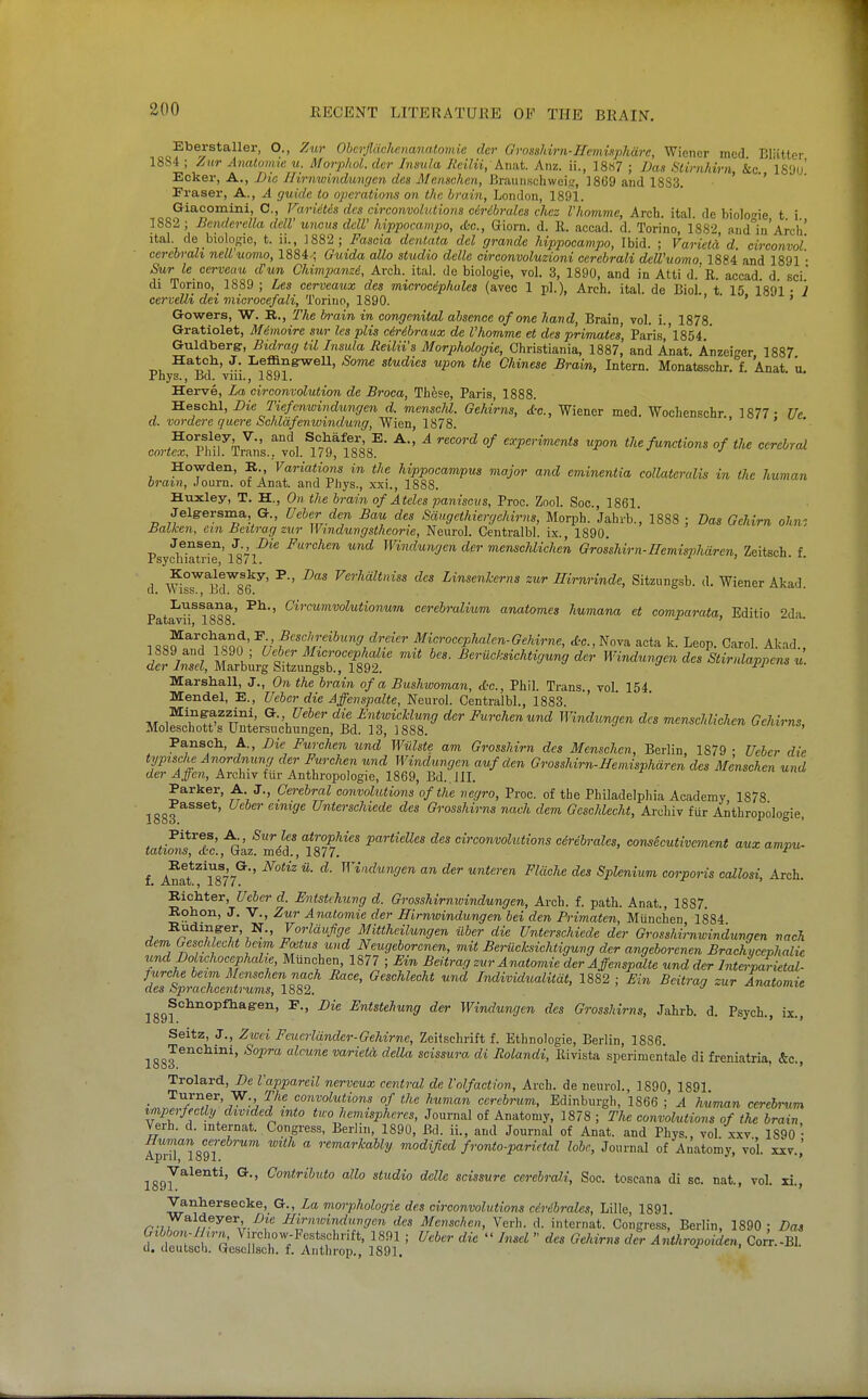 Eberstaller, O., Zur Obcrjlachenanatomie dcr Groxahirn-IIemiifphiirc, Wiener mod Bliitter 1884 ; Zur Analomk u. Morphol. dcr Insula liciUi, kniit. Aiiz. ii., 18s7 ; JJas Stirnhirn &c. 189u' Eokei% A., ./)jc//iVnwjwdMjij/m £Ze« jl/ewsc/tc;^ BraiiiLschweis^ . ' '' Fraser, A., A guide to ojjcrations on the brain, London, 1891. Giacomini, C, Varietes dcs circonvolutions ciribndcs chez Vhomme, Arch. ital. de biolo'^ie t i 1882 ; Benderella dell' uncus dcW hippocampo, die, Giorn. d. R. aooad. d. Torino, 18S2, iind''in'Arch' ital de biologic, t. ii., 1882 ; Fascia dentata del grande hippocampo, Ibid. ; Varielcl d. eirconvol cercbrah nelluomo, 1884 ; Gutda alio studio delle circonvoluzioni cerebrali dell'uomo. 1884 and 1891 • Sur le cerveau cCun Chimpami, Arch. ital. de biologie, vol. 3, 1890, and in Atti d.'R. accad. d sci di Torino,_ 1889 ; Les cerveaux des microciphules (avec 1 pi.), Arch. ital. de Biol, t 15 1891- 2 cerveUi dei microcefali, Torino, 1890. •> • > > Gowers, W. R., The brain in congenital absence of one hand, Brain, vol. i., 1878. Gratiolet, Mimoire sur les plis ciribraux de Vhomme et des primates, Parisi'l854.' Guldbere, Bidrag til Insula Reilii's Morphologic, Christiania, 1887,' and Anat. Anzeiger 1887 Hatch, J. Leffinewell, Sorne studies upon the Chinese Brain, Intern. Monatsschr f Anat u Phys., Bd. viii., 1891. • . . Herve, La circonvolution de Broca, These, Paris, 1888. ■S.Bsohl, Die Tiefenwindungen d. mcnscld. Gehirns, d-c, Wiener med. Wochenschr., 1877: Ue d. vordcre guere Schlafenwindung, Vfien, ISIS. Horsley, v., and Schafer E. A., A record of experiments upon the functions of tJie cerebral cortex, Phil. Trans., vol. 179, 1888. ^ j j Howden, R. Variations in the hippocampus major and eminentia colUtcralis in the human brain, Journ. of Anat. and Phys., xxi., 1888. Huxley, T. H., On the brain of A teles paniscus, Proc. Zool. Soc, 1861 Jel&ersma G., Ueber den Bau des Saugethiergehirns, Morph. Jahrb.', 1888 ; Das Gehirn ohnz Balken, cm Bcitrag zur Wmdungstheorie, Neurol. Centralbl. ix., 1890. Jensen, ^.,Die Furchen und Wviidungen der menschlichen Grosshirn-IIemisphdren, Zeitsch f Psychiatric, 18/1. ' ^^^iT^o^^' ^ ' ^erhaltniss des Linsenkerns zur Eimrinde, Sitzungsb. d. Wiener Akad. r, .^^^^^oo' ^^''''^'^^^■''o^tionwm. cerebralium anatomes humana et comparata, Editio 2da Jratavu, looo. 1 9«f ^7^^Qn ' ^n' f'=I;'y^'^^9 dreier Microcephalen-Gehirne, etc., Nova acta k. Leop. Carol. Akad., ^7:2, Zr^'.'XniZrit: Win^ungendesStimlappensu. Marshall, J., On the brain of a Bushwoman, etc., Phil. Trans., vol 154 Mendel, E., Ueber die Affenspalte, Neurol. Centralbl., 1883. At i^'^'l^^TT^'f' ®-<^i^EntwicUung der Furchen und Windungen dcs menschlichen Gehirns, Moleschott's Untersuchungen, Bd. 13, 1888. ut.//™, Pansch, A., Die Furchen und Wiilste am Grosshirn des Menschen, Berlin, 1879 • Ueber die typische Anordnung der Furchen und Windungen auf den Grosshirn-Hemisphdren des Menschen und der Affen, Archiv fiir Anthropologic, 1869, Bd. JII. Parker, A J., Cerebral convolutions of the negro, Proc. of the Philadelphia Academy 1878 1883 Unterschiede des Grosshirns nach dem Geschlecht, Ai-chiv fur Anthropologie, Pitres, A., Sur les atrophies partieUes des circonvolutions cirebrales, consicutiverment omx ampu- tations, etc., Gaz. mdd., 1877. * f ^iT^mT^'' ^' ^^^ unteren Flache des Splenium corporis callosi. Arch. Richter, Ueber d. Entstchung d. GrossMrnwindungen, Arch. f. path. Anat., 1887. Rohon, J. v., Zur Anatomic der Hirmoindungen bei den Primaten, Munchen 1884 Ruding^er, N., Vorlaufige Mittheilungen ilber die Unterschiede der Grosshirnwindunqen nach dem Geschlecht be%m Fxtus und Neugeborcnen, mit Berucksichtigung der angeborenen Brachycephalic tind Bohchoccphabe, Munchen, 1877 ; Fin Bertrag zur Anatomic der Affenspalte und der Interparietal- furche beim Menschen nach Face, Geschlecht und Individualitat, 1882 ; Bin Beitrag zur Anatomic des Sprachcentrums, 1882. ■y ^nawmie ISgf^^'^^^^^^'^' ^'^tstehung der Windungen dcs Grosshirns, Jahrb. d. Psych., ix., Seitz, J., Ziuci Fcucrldndcr-Gehirne, Zeilschrift f. Ethnologic, Berlin, 1886 10 0^^^°^^^^' variet<!i, della scissura di Rolandi, Ilivista sperimentale di freniatria. &c Trolard, De Vappareil nerveux central de I'olfaction. Arch, de neurol., 1890 1891 ^^^^V^.f^'^'^^'^ conwZ«<Mn« of the human cerebrum, Edinburgh, 1866 ; A human cerebrum tmpeifectly divided mto two hemispheres, Journal of Anatomy, 1878 ; The convolutions of the brain Verb. d. internat. Congi'ess, Berlin, 1890, Bd. ii., and Journal of Anat. and Phys., vol. xxv 1890 - AprTlSgT  remarkably modified fronto-parietal lobr, Journal of Anatomy, vol. xxv.,' 1897^^^*^*'' ^''^^ ^'^''■'^ scissure cerebrali, Soc. toscana di sc. nat., vol. xi., Vanhersecke, G., La morphologic des circonvolutions cerebrates, Lille, 1891 r// ^•««'^'^o!«S'e« des Menschen, Verb. d. internat. Congress, Berlin, 1890: Das Gibbo^i-Jhrn Virchow-Fcstschnft, 1891 ; Ueber die  InseL  des GeJiirns d^ Antliropoiden, Com-BI. d. dcutsch. (Jescllsoh. f. Anthrop., 1891. , ^i.