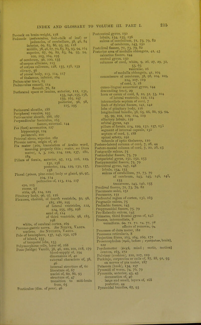 Puiicock on bi-ain-weight, 178 rediiucle (pedunadus, Ibot-htnlk of loat) or peduncles, of cerebellum, 38, 46, 84 interior, 69, 83, 86, 93, 95, 118 middle, 38,46,67,70,83, 85, 93, 94,164 superior, 67, 69, 82, 83, 84, 93, 94, 100, 103, 164, 195 of cerebrum, 96, 100, 135 of corpus albicans, 115 of corpus callnsum, 12S, 155, 15S, 159 oliviuy, 56 of jiineal body, 113, 114. of thalamus, inferior, 164 PoduuLular tract, 65 Pedunculus connrii, 114 flocculi, 76, 82 Perforated space or lamina, anterior, 112, 131, I3S> I4i,i55>i58, 159, 165, 197 posterior, 96, 98, IIS, 195 Perineural sheaths, 188 Peripheral venules, 193 Perivascular sheath, 186, 1S7 Perpendicular fasciculus, 165 fissure, external. 144 Pes (foot) accessorius, 127 hippocampi, 124 peilunciili, 100 Petrosal sinus, superior. 182 Phrenic nerve, origin of, 16 Pia mater {pia, translation ot Arabic word, meaning properly thin ; viaicr, sne Dura mater), I, 3, 100, 114, 122, 137, 181, 184 Pillars of fornix, anterior, 97, 113, 116, 129, 131, 158 posterior, 124, 129, 130, 157, 158 Pineal {pinea, pine-cone) body or gland, 96, 97, 104, 114 peduncles of, 113, 114, n? eye, 115 recess. 97 stria, 98, 114, 129 Pituitary body, 96, 97, 6 Plexuses, choroid, of fourth ventricle, 50, 98, 185, 186, 19s of lateral ventricles, 122, 124, 155, 185, 198 sand of, 114 of third ventricle, 98, 185, 198 ■white, of cerebral cortex, 169 Pneuuio-gastric nerve. See Neuve, Vagus. nucleus. See Nucleus, Vagus. Pole of hemisphere, 137, I47> 152, 178 of island, 155 of temporal lobe, 153 Polymorphous cells, layer of, 168 Pons (bridge) Varolii, 38, 46, 100, loi, 118, 179 blood-supply ol, 194 diniensions of, 40 external chaiactors of, 38, 46 internal structure of, 60 literature of, 67 nuclei of, 60, 86, 93 structure of, 47 transition to mid-brain from, 65 Ponticulus (dim. oi 110ns), 46 Postcentral gyrus, 150 lobule, 154, 155, 156 sulcus of cerebellum, 71, 73, 79, 82 of cerebrum, 143, 150 Postclivnl fissure, 71, 73, 79. 82 Posterior area of medulla oblongata, 41, 43 calcarine fissure, 144 central gyrus, 150 columns of cord, white, 9, 26, 27, 29, 32, 53, 63 vesicular, 16 of medulla oblongata, 41, 104 commissuro of cerebrum, 38, 98, 104, 109, 114, 117, 119 of cord, 7, 18 cuneo-lingual annectent gyrus, 144 descending tract, 29 horn or cornu of cord, 8, 10, 52, 53, 104 of lateral ventricle, 122, 124 intcrmediHte septum of cord, 7 limb of Sylvian fissure, 141, 142 lobe of pituitary body, 116 longitudinal bundle, 58, 65, 66, 86, 93, 94» 95, 99, 102, 109, 114, 119 olfactory lobule, 159 orbital gyrus, 149 pillars of fornix, 124, 129, 130, 157, I5> segment of intei'nal capsule, 136 septum of cord, 7, 188 spinal artery, 192 tubercle of optic thalamus, 110 Postero-lateral column of cord, 7, 28, 44 Postero-mesial column of cord, 7, 10, 28, 43 Postgracile .sulcus, 75 Postnodular fissure, 75, 79 Postparietal gyrus, 151, 152, 153 Postpyramidal fissure, 75, 79 Precentral gyrus, 147, 148 lobule, 154, 15s sulcus of cerebellum, 71, 73, 79 of cerebrum, 143, 145, 146, 14S, transverse, 143, 140, 155 Preolival fissure, 71, 73, 79, 82 Precuneate sulci, 151 Pi'ecuneus, 151 Prefrontal region of cortex, 136, 163 Pregracile sulcus, 75 Prelimbic fissure, 145 Prepyramidal fi.ssure, 75, 79 Pre-Rolandic .sulcus. 145 Primates, third frontal gyrus of, 148 Process, intermediate, 8 vermiform. 60. 7i. li. 7d. 77. 78 effects of removal, 95^ Processes of dura mater, 182 Proce.ssus reticularis, 8 Projection fibres, 163, 164, 169, 172 Prosencephalon (Trpds, before ; eyK((pa\ov, brain), 122 Psychomotor (il^ux^, mind ) moiio, motion) cpnties, 163, 172 Pulvinar (cushion), no, 117, 119 Purkinje, corpuscles or colls of, 87, 88, 91, 93 on nerves of pia mater, 187 Putauien (husk), 134, 197 Pyramid of worm, 74, 76, 79 Pyramids, anterior, 43, 45 decussation of, 46 . large and small, layers of, 168 posterior, 44 Pyramidal bundles, 67, 93