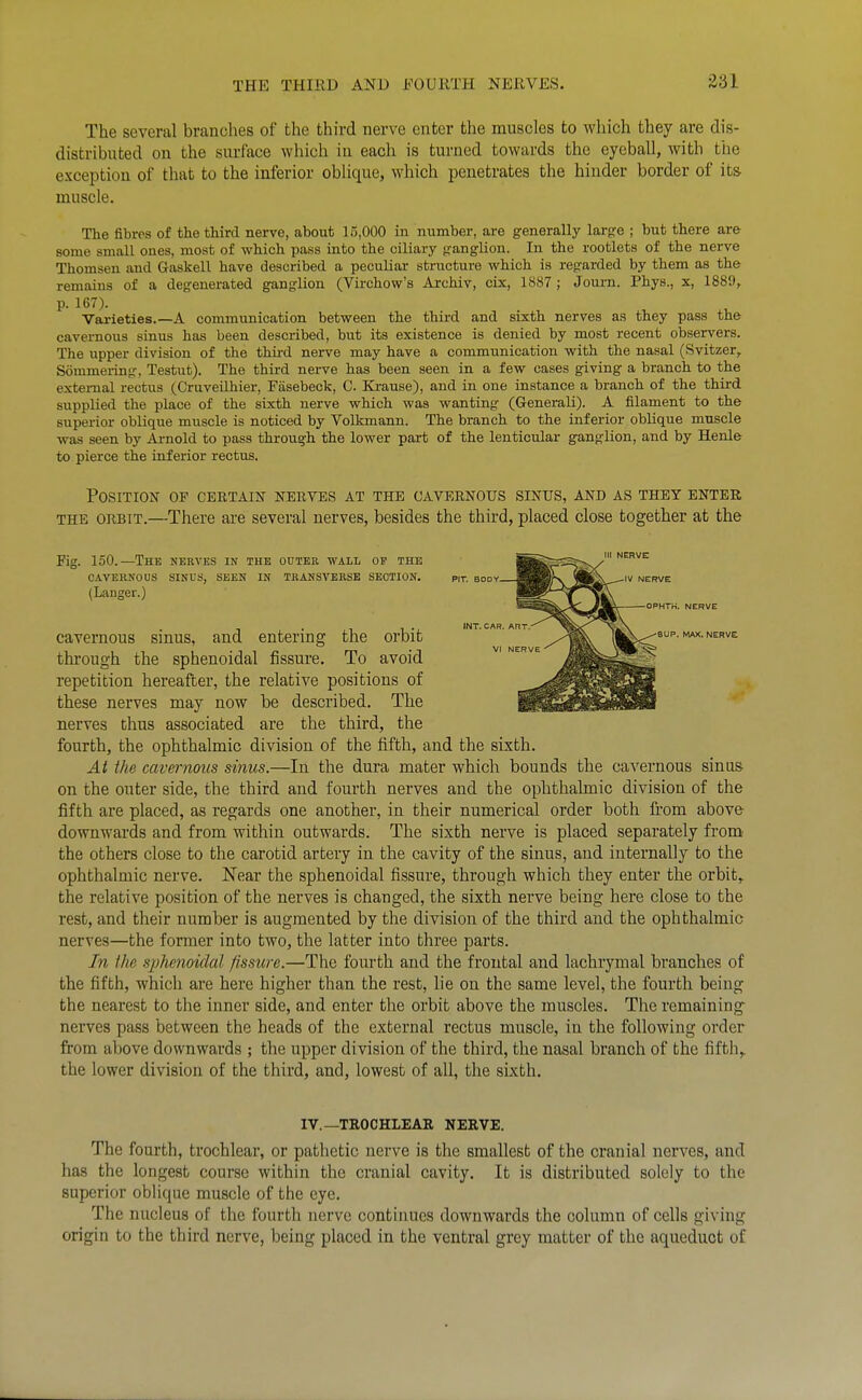 THE THIiiD AND FOURTH NERVES. £31 The several branches of the third nerve enter the muscles to which they are dis- distributed on the surface which in each is turned towards the eyeball, with the exception of that to the inferior oblique, which penetrates the hinder border of its. muscle. The fibres of the third nerve, about 15,000 in number, are generally largre ; but there are some small ones, most of which pass into the ciliary g-anglion. In the rootlets of the nerve Thomson and Gaskell have described a peculiar structure which is regarded by them as the remains of a degenerated ganglion (Virchow's Archiv, cix, 1887; Jouxn. Phys., x, 1889, p. 167). Varieties.—A communication between the third and sixth nerves as they pass the cavernous sinus has been described, but its existence is denied by most recent observers. The iipper division of the third nerve may have a communication with the nasal (Svitzer, Sommeiing, Testut). The third nerve has been seen in a few cases giving a branch to the external rectus (Cruveilhier, Fasebeck, C. Krause), and in one instance a branch of the third supplied the place of the sixth nerve which was wanting (Generali). A filament to the superior oblique muscle is noticed by Volkmann. The branch to the inferior oblique muscle was seen by Ai-nold to pass through the lower part of the lenticular ganglion, and by Henle to pierce the inferior rectus. Position op certain nerves at the cavernous sinus, and as they enter THE ORBIT.—There are several nerves, besides the third, placed close together at the Fig. 150.—The nerves in the outer wall op the CAVERNOUS SINUS, SEEN IN TRANSVERSE SECTION. (Langer.) INT. CAR. ART, SUP. MAX. NERVE cavernous sinus, and entering the orbit through the sphenoidal fissure. To avoid repetition hereafter, the relative positions of these nerves may now be described. The nerves thus associated are the third, the fourth, the ophthalmic division of the fifth, and the sixth. Ai the cavernous sinus.—In the dura mater which bounds the cavernous sinus on the outer side, the third and fourth nerves and the ophthalmic division of the fifth are placed, as regards one another, in their numerical order both from above- downwards and from within outwards. The sixth nerve is placed separately from, the others close to the carotid artery in the cavity of the sinus, and internally to the ophthalmic nerve. Near the sphenoidal fissure, through which they enter the orbit,, the relative position of the nerves is changed, the sixth nerve being here close to the rest, and their number is augmented by the division of the third and the ophthalmic nerves—the former into two, the latter into three parts. In the sphenoidal fissure.—The fourth and the frontal and lachrymal branches of the fifth, which are here higher than the rest, lie on the same level, the fourth being the nearest to the inner side, and enter the orbit above the muscles. The remaining^ nerves pass between the heads of the external rectus muscle, in the following order from above downwards ; the upper division of the third, the nasal branch of the fifth,, the lower division of the third, and, lowest of all, the sLxth. IV.—TEOCHLEAR NERVE. The fourth, trochlear, or pathetic nerve is the smallest of the cranial nerves, and has the longest course within the cranial cavity. It is distributed solely to the superior obUque muscle of the eye. The nucleus of the fourth nerve continues downwards the column of cells giving origin to the third nerve, being placed in the ventral grey matter of the aqueduct of