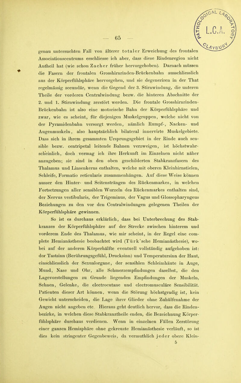 genau untersuchten Fall von älterer totaler Erweichung des frontalen Associatioiiscentrums erschliesse ich aber, dass diese Rindenregion nicht Antheil hat (wie schon Zacher früher hervorgehoben). Darnachmüssen die Fasern der frontalen Grosshirnrinden-Brückenbahn ausschliesslich aus der Körperfühlsphäre hervorgehen, und sie degenerireu in der That regelmässig secundär, wenn die Gegend der 3. Stirnwindung, die unteren Theile dei- vorderen Centralwiudung bezw. die hinteren Abschnitte der 2. und 1. Stirnwindung zerstört werden. Die frontale Grosshirnrinden- Brückenbahu ist also eine motorische Bahn der Körperfühlsphäre und zwar, wie es scheint, für diejenigen Muskelgi'uppen, welche nicht von der Pyramidenbahn versorgt werden, nämlich Rumpf-, Nacken- und Augenmuskeln, also hauptsächlich bilateral innervirte Muskelgebiete. Dass sich in ihrem gesammten Ursprungsgebiet in der Rinde auch sen- sible bezw. centripetal leitende Bahnen verzweigen, ist höchstwahr- scheinlich, doch vermag ich ihre Herkunft im Einzelnen nicht näher anzugeben; sie sind in den oben geschilderten Stabkranzfasern des Thalamus und Linsenkerns enthalten, welche mit oberen Kleinhirnstielen, Schleife, Formatio reticularis zusammenhängen. Auf diese Weise können ausser den Hinter- und Seitensträngen des Rückenmarkes, in welchen Fortsetzungen aller sensiblen Wurzeln des Rückenmarkes enthalten sind, der Nervus vestibularis, der Trigeminus, der Vagus und Glossopharyngeus Beziehungen zu den vor den Centraiwindungen gelegenen Theilen der Körperfühlsphäre gewinnen. So ist es durchaus erklärlich, dass bei Unterbi-echung des Stab- kranzes der Körperfühlsphäre auf der Strecke zwischen hinterem und vorderem Ende des Thalamus, wie mir scheint, in der Regel eine com- plete Hemianästhesie beobachtet wird (Türk'sche Hemianästhesie), wo- bei auf der anderen Körperhälfte eventuell vollständig aufgehoben ist: der Tastsinn (Berührungsgefühl, Drucksinn) und Temperatursinn der Haut, einschliesslich der Sexualorgane, der sensiblen Schleimhäute in Auge, Mund, Nase und Ohr, alle Schmerzempfindungen daselbst, die den Lagevorstellungen zu Grunde liegenden Empfindungen der Muskeln, Sehnen, Gelenke, die electrocutane und electromusculäre Sensibilität. Patienten dieser Art können, wenn die Störung höchstgradig ist, kein Gewicht unterscheiden, die Lage ihrer Glieder ohne Zuhülfenahme der Augen nicht angeben etc Hieraus geht deutlich hervor, dass die Rinden- bezirke, in welchen diese Stabkranztheile enden, die Bezeichnung Köi'per- fühlsphäre durchaus verdienen. Wenn in einzelnen Fällen Zerstörung einer ganzen Hemisphäre ohne gekreuzte Hemianästhesie verläuft, so ist dies kein striugenter Gegenbeweis, da vermuthlich jeder obere Klein- 5