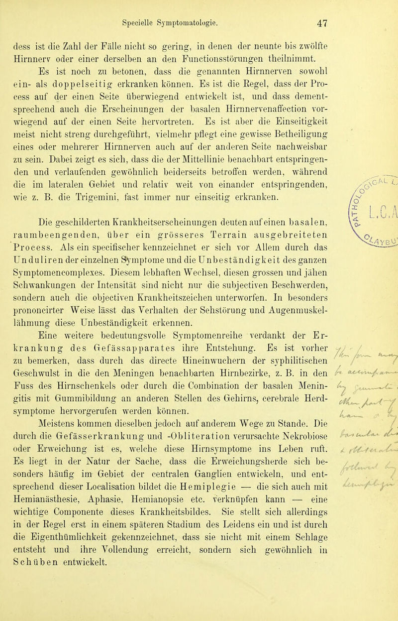 dess ist die Zahl der Fälle nicht so gering, in denen der neunte bis zwölfte Hirnnerv oder einer derselben an den Functionsstörungen theilnimrat. Es ist noch zu betonen, dass die genannten Hirnnerven sowohl ein- als doppelseitig erkranken können. Es ist die Eegel, dass der Pro- cess auf der einen Seite überwiegend entwickelt ist, und dass clement- sprechend auch die Erscheinungen der basalen Hirnnervenaffection vor- wiegend auf der einen Seite hervortreten. Es ist aber die Einseitigkeit meist nicht streng durchgeführt, vielmehr pflegt eine gewisse Betheiligung eines oder mehrerer Hirnnerven auch auf der anderen Seite nachweisbar zu sein. Dabei zeigt es sich, dass die der Mittellinie benachbart entspringen- den und verlaufenden gewöhnlieh beiderseits betroffen werden, während die im lateralen Gebiet und relativ weit von einander entspringenden, wie z. B. die Trigemini, fast immer nur einseitig erkranken. Die geschilderten Krankheitserscheinungen deuten auf einen basalen, raumbeengenden, über ein grösseres Terrain ausgebreiteten Process. Als ein specifischer kennzeichnet er sich vor Allem durch das Unduliren der einzelnen Symptome und die Unbeständigkeit des ganzen Symptomencomplexes. Diesem lebhaften Wechsel, diesen grossen und jähen Schwankungen der Intensität sind nicht nur die subjectiven Beschwerden, sondern auch die objectiven Krankheitszeichen unterworfen. In besonders prononcirter Weise lässt das Verhalten der Sehstörung und Augenmuskel- lähmung diese Unbeständigkeit erkennen. Eine weitere bedeutungsvolle Symptomenreihe verdankt der Er- krankung des Gefässapparates ihre Entstehung. Es ist vorher zu bemerken, dass durch das directe Hineinwuchern der syphilitischen Geschwulst in die den Meningen benachbarten Hirnbezirke, z. B. in den Fuss des Hirnschenkels oder durch die Combination der basalen Menin- gitis mit Gummibildung an anderen Stellen des Gehirns, cerebrale Herd- symptome hervorgerufen werden können. Meistens kommen dieselben jedoch auf anderem Wege zu Stande. Die durch die Gefässerkrankung und -Obliteration verursachte Nekrobiose oder Erweichung ist es, welche diese Hirnsymptome ins Leben ruft. Es liegt in der Natur der Sache, dass die Erweichungsherde sich be- sonders häufig im Gebiet der centralen Ganglien entwickeln, und ent- sprechend dieser Localisation bildet die Hemiplegie — die sich auch mit Hemianästhesie, Aphasie, Hemianopsie etc. verknüpfen kann — eine wichtige Componente dieses Krankheitsbildes. Sie stellt sich allerdings in der Eegel erst in einem späteren Stadium des Leidens ein und ist durch die Eigenthümlichkeit gekennzeichnet, dass sie nicht mit einem Schlage entsteht und ihre Vollendung erreicht, sondern sich gewöhnlieh in Schüben entwickelt.