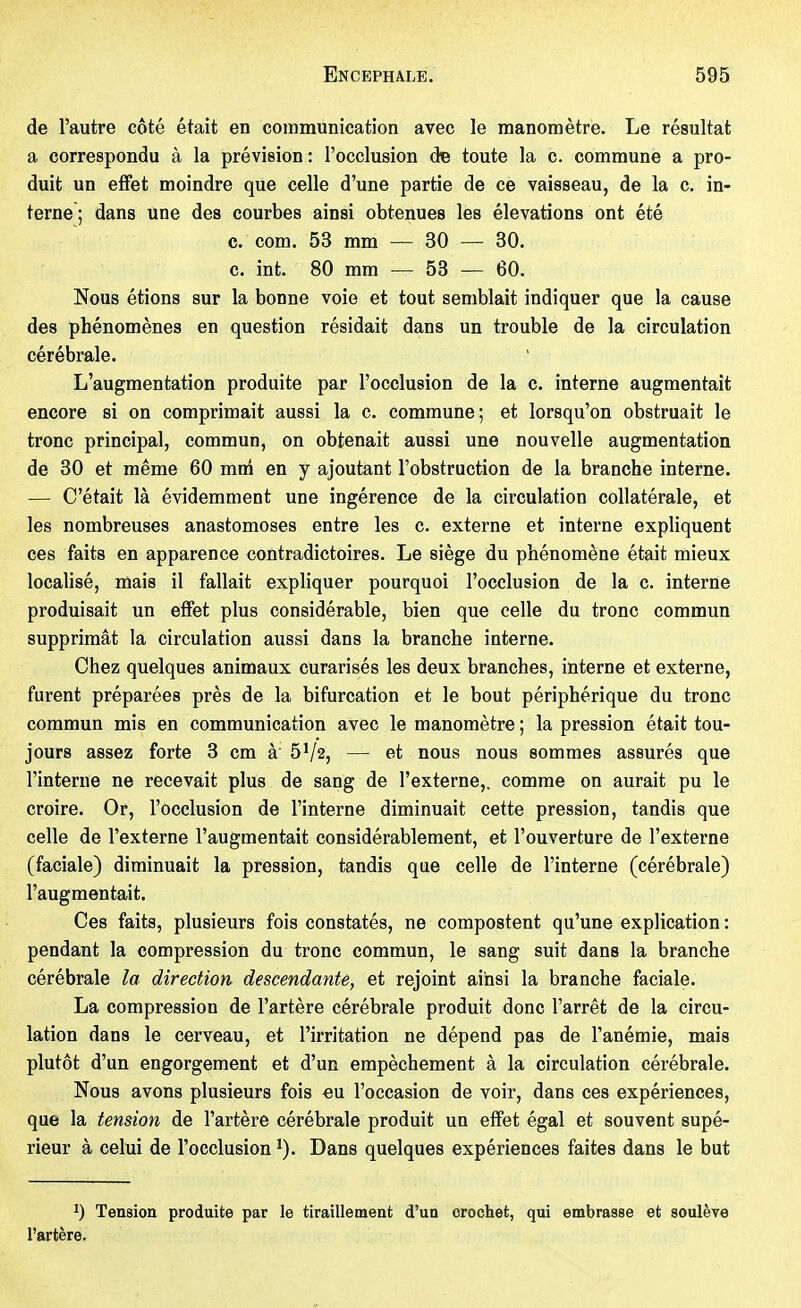 de l'autre côté était en communication avec le manomètre. Le résultat a correspondu à la prévision : l'occlusion dç toute la c. commune a pro- duit un effet moindre que celle d'une partie de ce vaisseau, de la c. in- terne ; dans une des courbes ainsi obtenues les élévations ont été c. com. 53 mm — 30 — 30. c. int. 80 mm — 53 — 60. Nous étions sur la bonne voie et tout semblait indiquer que la cause des phénomènes en question résidait dans un trouble de la circulation cérébrale. L'augmentation produite par l'occlusion de la c. interne augmentait encore si on comprimait aussi la c. commune ; et lorsqu'on obstruait le tronc principal, commun, on obtenait aussi une nouvelle augmentation de 30 et même 60 mm en y ajoutant l'obstruction de la branche interne. — C'était là évidemment une ingérence de la circulation collatérale, et les nombreuses anastomoses entre les c. externe et interne expliquent ces faits en apparence contradictoires. Le siège du phénomène était mieux localisé, mais il fallait expliquer pourquoi l'occlusion de la c. interne produisait un effet plus considérable, bien que celle du tronc commun supprimât la circulation aussi dans la branche interne. Chez quelques animaux curarisés les deux branches, interne et externe, furent préparées près de la bifurcation et le bout périphérique du tronc commun mis en communication avec le manomètre ; la pression était tou- jours assez forte 3 cm à S'/s, — et nous nous sommes assurés que l'interne ne recevait plus de sang de l'externe,, comme on aurait pu le croire. Or, l'occlusion de l'interne diminuait cette pression, tandis que celle de l'externe l'augmentait considérablement, et l'ouverture de l'externe (faciale) diminuait la pression, tandis que celle de l'interne (cérébrale) l'augmentait. Ces faits, plusieurs fois constatés, ne compostent qu'une explication : pendant la compression du tronc commun, le sang suit dans la branche cérébrale la direction descendante, et rejoint ainsi la branche faciale. La compression de l'artère cérébrale produit donc l'arrêt de la circu- lation dans le cerveau, et l'irritation ne dépend pas de l'anémie, mais plutôt d'un engorgement et d'un empêchement à la circulation cérébrale. Nous avons plusieurs fois eu l'occasion de voir, dans ces expériences, que la tension de l'artère cérébrale produit un effet égal et souvent supé- rieur à celui de l'occlusion ^). Dans quelques expériences faites dans le but Tension produite par le tiraillement d'un crochet, qui embrasse et soulève l'artère.