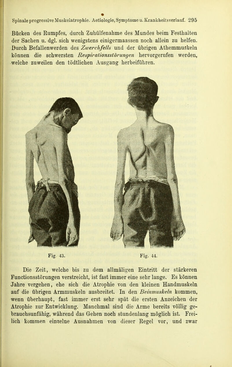 Bücken des Rumpfes, durch Zuhülfenahme des Mundes beim Festhalten der Sachen u. dgl. sich wenigstens einigermaassen noch allein zu helfen. Durch Befallenwerden des Zwerchfells und der übrigen Athemmuskeln können die schwersten Respirationsstörungen hervorgerufen werden, welche zuweilen den tödtlichen Ausgang herbeiführen. Die Zeit, welche bis zu dem allmäligen Eintritt der stärkeren Functionsstörungen verstreicht, ist fast immer eine sehr lange. Es können Jahre vergehen, ehe sich die Atrophie von den kleinen Handmuskeln auf die übrigen Armmuskeln ausbreitet. In den Beinmuskeln kommen, wenn überhaupt, fast immer erst sehr spät die ersten Anzeichen der Atrophie zur Entwicklung. Manchmal sind die Arme bereits völlig ge- brauchsunfähig, während das Gehen noch stundenlang möglich ist. Frei- lich kommen einzelne Ausnahmen von dieser Eegel vor, und zwar