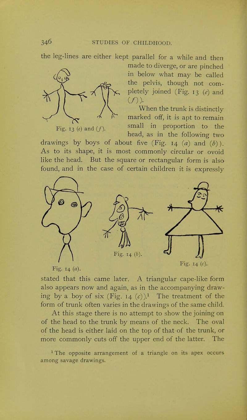 the leg-lines are either kept parallel for a while and then made to diverge, or are pinched in below what may be called the pelvis, though not com- pletely joined (Fig. 13 (e) and (/)). When the trunk is distinctly marked off, it is apt to remain small in proportion to the head, as in the following two drawings by boys of about five (Fig. 14 (a) and (d)). As to its shape, it is most commonly circular or ovoid like the head. But the square or rectangular form is also found, and in the case of certain children it is expressly Fig. 13 (e) and (/). Fig. 14 (6). Fig. 14 {c). Fig. 14 («). stated that this came later. A triangular cape-like form also appears now and again, as in the accompanying draw- ing by a boy of six (Fig. 14 (c))} The treatment of the form of trunk often varies in the drawings of the same child. At this stage there is no attempt to show the joining on of the head to the trunk by means of the neck. The oval of the head is either laid on the top of that of the trunk, or more commonly cuts off the upper end of the latter. The ^ The opposite arrangement of a triangle on its apex occurs among savage drawings.
