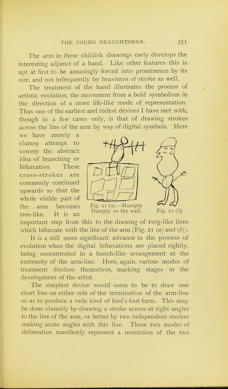The arm in these childish drawings early develops the interesting adjunct of a hand. Like other features this is apt at first to be amusingly forced into prominence by its size, and not infrequently by heaviness of stroke as well. The treatment of the hand illustrates the process of artistic evolution, the movement from a bold symbolism in the direction of a more life-like mode of representation. Thus one of the earliest and rudest devices I have met with, though in a few cases only, is that of drawing strokes across the Hne of the arm by way of digital symbols. Here we have merely a clumsy attempt to convey the abstract idea of branching or bifurcation. These cross-strokes are commonly continued upwards so that the whole visible part of the arm becomes tree-like. It is an important step from this to the drawing of twig-like lines which bifurcate with the line of the arm (Fig. 21 (a) and (d)). It is a still more significant advance in the process of evolution when the digital bifurcations are placed rightly, being concentrated in a bunch-like arrangement at the •extremity of the arm-line. Here, again, various modes of treatment disclose themselves, marking stages in the development of the artist. The simplest device would seem to be to draw one short line on either side of the termination of the arm-line so as to produce a rude kind of bird's foot form. This may be done clumsily by drawing a stroke across at right angles to the line of the arm, or better by two independent strokes making acute angles with this line. These two modes of delineation manifestly represent a restriction of the two Fig. 21 (a).—Humpty