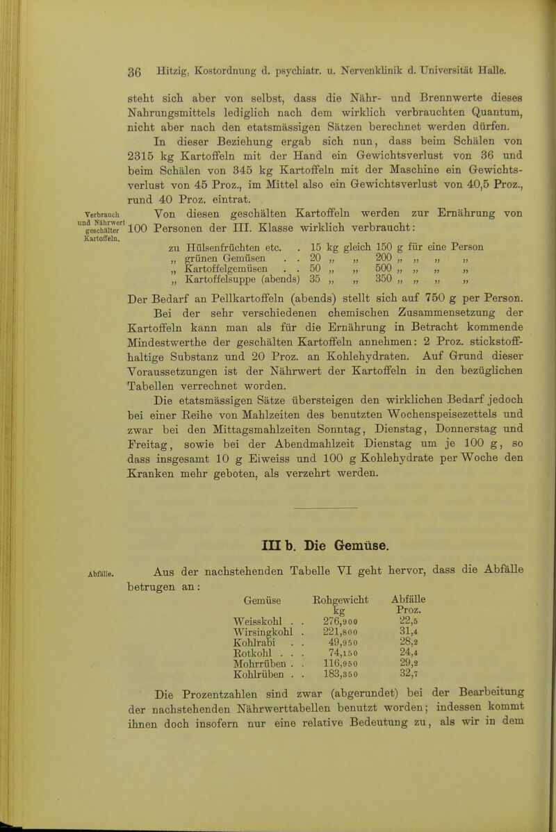 steht sich aber von selbst, dass die Nähr- und Brennwerte dieses Nahrungsmittels lediglich nach dem wirklich verbrauchten Quantum, nicht aber nach den etatsmässigen Sätzen berechnet werden dürfen. In dieser Beziehung ergab sich nun, dass beim Schälen von 2315 kg Kartoffeln mit der Hand ein Gewichtsverlust von 36 und beim Schälen von 345 kg Kartoffeln mit der Maschine ein Gewichts- verlust von 45 Proz., im Mittel also ein Gewichtsverlust von 40,5 Proz., rund 40 Proz. eintrat, verbranch Vou diesen geschälten Kartoffeln werden zur Ernährung von ges^chHiter''100 Pcrsoneu der III. Klasse wirklich verbraucht: Kartoffeln. ZU Hülsenfrüchten etc. . 15 kg gleich 150 g für eine Person „ grünen Gemüsen . . 20 „ „ 200 „ „ „ „ „ Kartoffelgemüsen . . 50 „ „ 500 „ „ „ „ „ Kartoffelsuppe (abends) 35 „ „ 350 „ „ „ „ Der Bedarf an Pellkartoffeln (abends) stellt sich auf 750 g per Person. Bei der sehr verschiedenen chemischen Zusammensetzung der Kartoffeln kann man als für die Ernährung in Betracht kommende Mindestwerthe der geschälten Kartoffeln annehmen: 2 Proz. stickstoff- haltige Substanz und 20 Proz. an Kohlehydraten. Auf Grund dieser Voraussetzungen ist der Nährwert der Kartoffeln in den bezüglichen Tabellen verrechnet worden. Die etatsmässigen Sätze übersteigen den wirklichen Bedarf jedoch bei einer Reihe von Mahlzeiten des benutzten Wochenspeisezettels und zwar bei den Mittagsmahlzeiten Sonntag, Dienstag, Donnerstag und Freitag, sowie bei der Abendmahlzeit Dienstag um je 100 g, so dass insgesamt 10 g Eiweiss und 100 g Kohlehydrate per Woche den Kjranken mehr geboten, als verzehrt werden. Illb. Die Gemüse. Aus der nachstehenden Tabelle VI geht hervor, dass die AbfäUe betrugen an: Gemüse Eohgevricht Abfälle kg Proz. Weisskohl . . 276,90o 22,5 Wirsmgkohl . 221,800 31,4 Kohlrabi . . 49,950 28,2 Eotkohl ... 74,150 24,4 Mohrrüben . . 116,950 29,2 Kohlrüben . . 183,35 0 32,7 Die Prozentzahlen sind zwar (abgerundet) bei der Bearbeitung der nachstehenden Nährwerttabellen benutzt worden; indessen kommt ihnen doch insofern nur eine relative Bedeutung zu, als vnr in dem