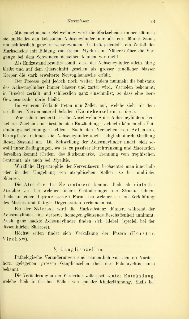 . Mit zunehmender Schwellung wird die Markscheide immer dünner; sie umkleidet den kolossalen Achsencylinder nur als ein dünner Saum, um schliesslich ganz zu verschwinden. Es tritt jedenfalls ein Zerfall der Markscheide mit Bildung von freiem Myelin ein. Näheres über die Vor- gänge bei dem SchAvinden derselben kennen wir nicht. Als Endzustand resultirt somit, dass der Achsencylinder allein übrig bleibt und auf dem Querschnitt gesehen als grosser rundlicher blasser Körper die stark erweiterte Neurogliamasche erfüllt. Der Process geht jedoch noch weiter, indem nunmehr die Substanz des Achsencylinders immer blasser und zarter wird, Yacuolen bekommt, in Bröckel zerfällt und schliesslich ganz einschmilzt, so dass eine leere Gewebsmasche übrig bleibt. Im weiteren Verlaufe treten nun Zellen auf, welche sich mit dem zerfallenen Nervenmaterial beladen (Körnchenzellen, s. dort). Wie schon bemerkt, ist die Anschwellung des Achsencylinders kein sicheres Zeichen einer bestehenden Entzündung; vielmehr können alle Ent- zündungserscheinungen fehlen. Nach den Versuchen von Schmaus, ßumpf etc. nehmen die Achsencylinder auch lediglich durch Quellung diesen Zustand an. Die Schwellung der Achsencylinder findet sich so- wohl unter Bedingungen, wo es zu passiver Durchtränkung und Maceration derselben kommt (Oedem des Eückenmarks. Trennung vom trophischen Centrum), als auch bei Myelitis. Wirkliche Hypertrophie der Nervenfasern beobachtet man innerhalb oder in der Umgebung von atrophischen Stellen; so bei multipler Sklerose. Die Atrophie der Nervenfasern kommt theils als einfache Atrophie vor, bei welcher tiefere Veränderungen der Structar fehlen, theils in einer degenerativen Form, bei welcher sie mit Zerklüftung des Markes und fettiger Degeneration verbunden ist. Bei der Sklerose wird die Marksubstanz dünner, Avährend der Achsencylinder eine derbere, homogen glänzende Beschaffenheit annimmt. Auch ganz nackte Achsencylinder finden sich hiebei (speciell bei der disseminirten Sklerose). Höchst selten findet sich Verkalkung der Fasern (Förster, V i r c h 0 w). Z>) G a n g 1 i e n z e 11 e n. Pathologische Veränderungen sind namentlich von den im Vorder- horn gelegenen grossen Ganghenzellen (bei der Poliomyelitis ant.) bekannt. Die Veränderungen der Vorderhornzellen bei acuter Entzündung, welche theils in frischen Fällen von spinaler Kinderlähmung, theils bei