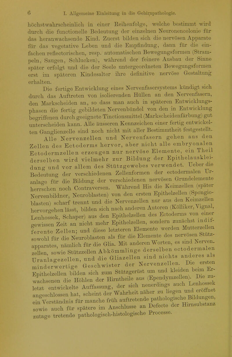 höclistwalirsclieinlich. in einer Reihenfolge, welclie bestimmt wird durch die fimctionelle Bedeutung der einzelnen Neuronencolonic für das heranwachsende Kind. Zuerst bilden sich die nervösen Apparate für das vegetative Leben und die Empfindung, dann für die ein- fachen reflectorischen, resp. automatischen Bewegungsformen (Stram- pehi. Saugen, Schlucken), während der feinere Ausbau der Sinne später erfolgt und die der Seele untergeordneten Bewegungsformen erst im späteren Kindesalter ihre definitive nervöse aestaltung erhalten. Die fertige Entwicklung eines Nervenfasersystems kündigt sich durch das Auftreten von isolierenden Hüllen an den Nervenfasern, den Markscheiden an, so dass man auch in späteren Entwicklungs- phasen die fertig gebildeten Nervenbündel von den in Entwicklung beo-riffenen durch geeignete Tinctionsmittel (Markscheidenfärbung) gut unterscheiden kann. Alle äusseren Kennzeichen einer fertig entwickel- ten Ganglienzelle sind noch nicht mit aUer Bestimmtheit festgestellt. Alle Nervenzellen und Nervenfasern gehen aus den Zellen des Ectoderms hervor, aber nicht alle embryonalen Ectodermzellen erzeugen nur nervöse Elemente, ein Theil derselben wird vielmehr zur Bildung der Epithelausklei- dung und vor allem des Stützgewebes verwendet. Ueber die Bedeutung der verschiedenen Zellenformen der ectodermalen Ur- anlage für die Bildung der verschiedenen nervösen arundelemente herrschen noch Contraversen. Während His die Keimzellen (spater Nervenbildner, Neuroblasten) von den ersten Epithelzellen (Spöngio- blasten) scharf trennt und die Nervenzellen nur aus den Keimzellen hervorgehen lässt, bilden sich nach anderen Autoren (Kölliker, Yignal, Lenhossek, Schaper) aus den EpithelzeUen des Ectoderms von emer gewissen Zeit an nicht mehr Epithelzellen, sondern zimachst indif- ferente Zellen; und diese letzteren Elemente werden Mutteizellen sowohl für die Neuroblasten als für die Elemente des nervösen Stutz- apparates, nämlich für die GHa. Mit anderen Worten, - smd Nerve- zeUen, sowie Stützzellen Abkömmlinge derselben ectodermalen Uran agezellen, und die Gliazellen sind nichts anderes als Uraniageze ' . ^ Nervenzellen. Die ersten minderwertige brescliwister uüi x> -, . i • i Ko,-,.^ Fr EpithelzeUen bilden sich .um Sttttzgertlst um «nd kloKlen beim Ei waohsenen die Höhlen der Hü-ntheile aus (EP^-dym« Die^^^^^^ letzt entwickelte Auffassmig, der sich neuerdmgs --f^}^'^^^^ an^esclüossen hat, schemt der Wahrheit näher zu hegen und erofinet Ändnis für manche früh Pf f sowie auch für spätere im Anschlüsse an Defecte der Hnnsubstanz zutage tretende pathologisch-histologische Processe.