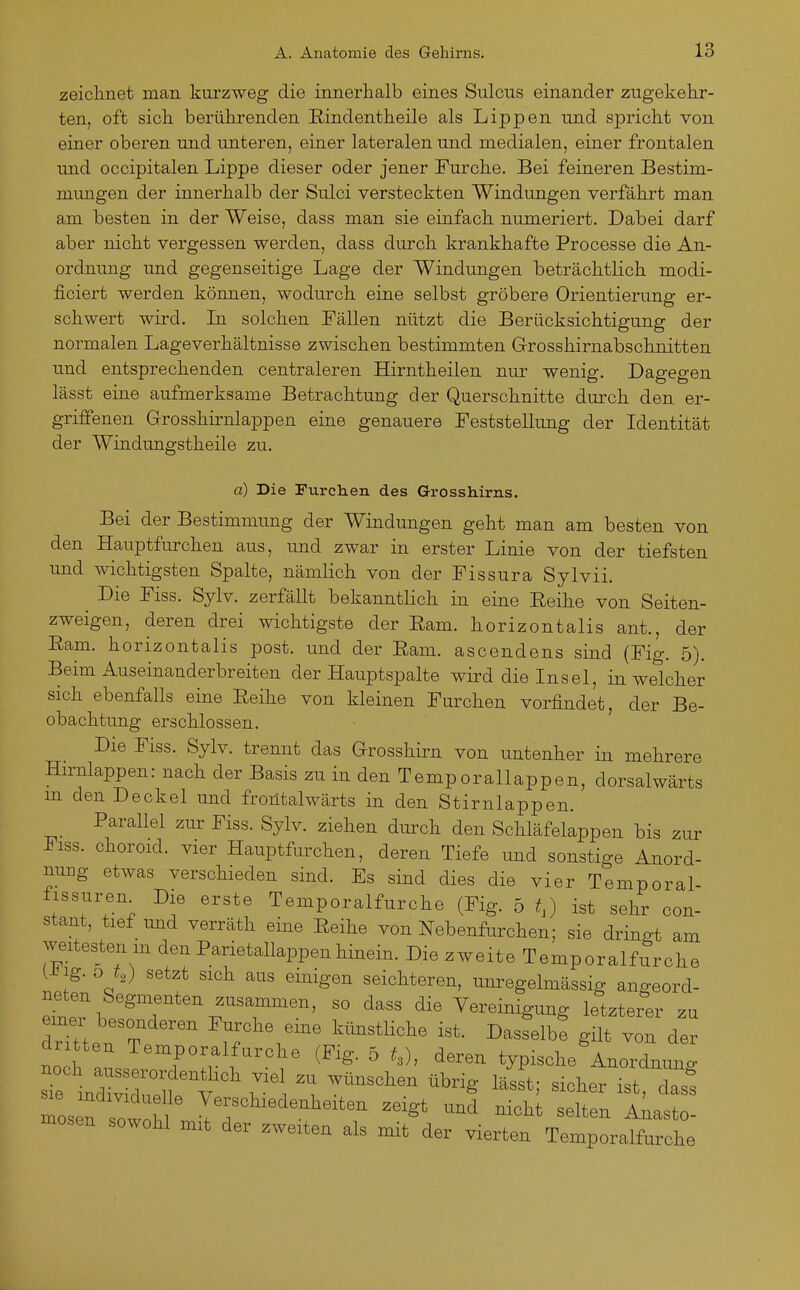 zeichnet man kurzweg die innerhalb eines Sulcus einander zugekehr- ten, oft sich berührenden Eindentheile als Lippen und spricht von einer oberen und unteren, einer lateralen und medialen, einer frontalen und occipitalen Lippe dieser oder jener Furche. Bei feineren Bestim- mungen der innerhalb der Sulci versteckten Windungen verfährt man am besten in der Weise, dass man sie einfach, numeriert. Dabei darf aber nicht vergessen werden, dass durch krankhafte Processe die An- ordnung und gegenseitige Lage der Windungen beträchtlich modi- ficiert werden können, wodurch eine selbst gröbere Orientierung er- schwert wird. Li solchen Fällen nützt die Berücksichtigung der normalen Lageverhältnisse zwischen bestimmten Grosshirnabschnitten und entsprechenden centraleren Hirntheilen nur wenig. Dagegen lässt eine aufmerksame Betrachtung der Querschnitte durch den er- griffenen Grosshirnlappen eine genauere Feststellung der Identität der Windungstheile zu. ä) Die Furchen des Grosshirns. Bei der Bestimmung der Windungen geht man am besten von den Hauptfurchen aus, imd zwar in erster Linie von der tiefsten und wichtigsten Spalte, nämlich von der Fissura Sylvii. Die Fiss. Sylv. zerfällt bekanntlich in eine Eeihe von Seiten- zweigen, deren drei wichtigste der Kam. liorizontalis ant., der Eam. horizontalis post. und der Eam. ascendens sind (Fig. 5). Beim Auseinanderbreiten der Hauptspalte wird die Insel, in welcher sich ebenfalls eine Eeihe von kleinen Furchen vorfindet, der Be- obachtung erschlossen. Die Fiss. Sylv. trennt das Grosshirn von untenher in mehrere Hirnlappen: nach der Basis zu in den Temporallappen, dorsalwärts m den Deckel und froütalwärts in den Stirnlappen. Parallel zur Fiss. Sylv. ziehen durch den Schläfelappen bis zur i^iss. choroid. vier Hauptfurchen, deren Tiefe und sonstige Anord- nung etwas verschieden sind. Es sind dies die vier Temporal- fissuren Die erste Temporalfurche (Fig. 5 t,) ist sehr con- stant, tief und verräth eine Eeihe von Nebenfurchen; sie drino-t am weitesten m den Parietallappenhinein. Die zweite Temporalfurche (i ig. D t,) setzt sich aus einigen seichteren, unregelmässig angeord- neten Segmenten zusammen, so dass die Vereinigung letztei^er zu einer besonderen Furche eme künstliche ist. Dasselbe gilt von der dritten Temporalfurche (Fig. 5 ^3), deren typische Anordnung r in~ii:t' r\ '^^^^^ ^^^^^ ^^^^ mos n slwoh ^'^'^^'^'^^ -igt --ci nicht selten Anasto- mosen sowohl mit der zweiten als mit der vierten Temporalfurche