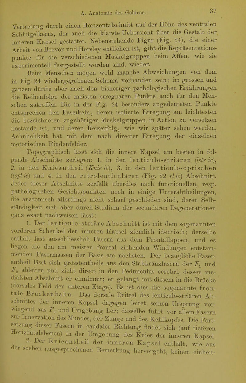 '61 Vertretung durch einen Horizontalsclmitt auf der Höhe des ventralen Sehhügelkerns, der auch die klarste Uebersicht über die Gestalt der, inneren Kapsel gestattet. Nebenstehende Figur (Fig. 24), die einer Ai-beit vonBeevor undHorsley entliehen ist, gibt die Eepräsentations- punkte für die verschiedenen Muskelgruppen beim Affen, wie sie experimentell festgestellt worden sind, wieder. Beim Menschen mögen wohl manche Abweichungen von dem in Fig. 24 wiedergegebenen Schema vorhanden sein; im grossen und ganzen dürfte aber nach den bisherigen pathologischen Erfahrungen die Eeihenfolge der meisten erregbaren Punkte auch für den Men- schen zutreffen. Die in der Fig. 24 besonders angedeuteten Punkte entsprechen den Fascikeln, deren isolierte Erregung am leichtesten die bezeichneten zugehörigen Muskelgruppen in Action zu versetzen imstande ist, und deren Reizerfolg, wie wir später sehen werden, Aehnliclikeit hat mit dem nach directer Erregung der einzelnen motorischen Rindenfelder. Topographisch lässt sich die innere Kapsel am besten in fol- gende Abschnitte zerlegen: 1. in den lenticulo-striären {Istr ic), 2. in den Knieantheil (Knieic), 3. in den lenticulo-optischen Q.oiitic) und 4. in den retrolenticulären (Fig. 22 rlic) Abschnitt. Jeder dieser Abschnitte zerfällt überdies nach functionellen, resp. pathologischen G-esichtspmikten noch in einige Unterabtheilungen, die anatomisch allerdings nicht scharf geschieden sind, deren Selb- ständigkeit sich aber durch Studium der secundären Degenerationen ganz exact nachweisen lässt: 1. Der lenticulo-striäre Abschnitt ist mit dem sogenannten vorderen Schenkel der inneren Kapsel ziemlich identisch; derselbe enthält fast ausschliesslich Fasern aus dem Frontallappen, und es liegen die den am meisten frontal ziehenden Windungen entstam- menden Fasermassen der Basis am nächsten. Der bezügliche Faser- antheil lässt sich grösstentheils aus den Stabkranzfasern der und ableiten und zieht direct in den Pedunculus cerebri, dessen me- dialsten Abschnitt er einnimmt; er gelangt mit diesem in die Brücke (dorsales Feld der unteren Etage). Es ist dies die sogenannte fron- tale Brückenbahn. Das dorsale Drittel des lenticulo-striären Ab- schnittes der inneren Kapsel dagegen leitet seinen Ursprung vor- wiegend aus ^3 und Umgebung her; dasselbe führt vor allem Fasern zur Innervation des Mimdes, der Zunge und des Kehlkopfes. Die Fort- setzung dieser Fasern in caudaler Richtung findet sich (auf tieferen Horizontalebenen) in der Umgebung des Knies der inneren Kapsel. 2. Der Knieantheil der inneren Kapsel enthält, wie aus cler soeben ausgesprochenen Bemerkung hervorgeht, keinen einheit-