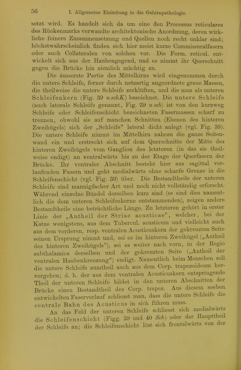 setzt wird. Es handelt sich da um eine den Processus reticulares des Rückenmarks verwandte architektonische Anordnung, deren wirk- liche feinere Zusammensetzung und Quellen noch recht unklar sind; höchstwahrscheinlich finden sich hier meist kurze Commissuralfasern oder auch OoUateralen von solchen vor. Die Form, reticul. ent- wickelt sich aus der Haubengegend, und es nimmt ihr Querschnitt gegen die Brücke hin ziemlich mächtig zu. Die äusserste Partie des Mittelhirns wird eingenommen durch die untere Schleife, ferner durch netzartig angeordnete graue Massen, die theilweise die untere Schleife zerklüften, und die man als unteren Schleifenkern (Fig. 39 uschK) bezeichnet. Die untere Schleife (auch laterale Schleife genannt, Fig. -39 usch) ist von den kurzweg Sclileife oder Schleifenschicht bezeichneten Fasermassen scharf zu trennen, obwohl sie auf manchen Schnitten (Ebenen des hinteren Zweihügels) sich der „Schleife lateral dicht anlegt (vgl. Fig. 39). Die untere Schleife nimmt im Mittelhirn nahezu die ganze Seiten- wand ein und erstreckt sich auf dem Querschnitte der Mitte des hinteren Zweihügels vom Ganglion des letzteren (in das sie theil- weise endigt) an ventralwärts bis zu der Etage der Querfasern der Brücke. Ihr ventraler Abschnitt besteht hier aus sagittal ver- laufenden Fasern und geht medialwärts ohne scharfe Grenze in die Schleifenschicht (vgl. Fig. 39) über. Die Bestandtheile der unteren Schleife sind mannigfacher Art und noch nicht vollständig erforscht. Während einzelne Bündel derselben kurz sind (es sind dies nament- lich die dem unteren Schleifenkerne entstammenden), zeigen andere Bestandtheile eine beträchtliche Länge. Zu letzteren gehört in erster Linie der „Antheil der Striae acusticae, welcher, bei der Katze wenigstens, aus dem Tubercul. acusticum und vielleicht auch aus dem vorderen, resp. ventralen Acusticuskern der gekreuzten Seite seinen Ursprung nimmt und, sei es im hinteren Zweihügel („Antheil des hinteren Zweihügels), sei es weiter nach vorn, in der Eegio subthalamica derselben und der gekreuzten Seite („Antheil der ventralen Haubenkreuzung) endigt. Namenthch beim Menschen soU die untere Schleife zumtheü auch aus dem Corp. trapezoideum her- vorgehen; d. h. der aus dem ventralen Acusticuskern entspringende Theil der unteren Schleife bildet in den unteren Abschnitten der Brücke einen Bestandtheil des Corp. trapez. Aus diesem soeben entwickelten Faserverlauf schliesst man, dass die untere Schleife die centrale Bahn des Acusticus in sich führen muss. An das Feld der unteren Schleife schliesst sich medialwärts die Schleifenschicht (Figg. 39 und 40 8ch) oder der Haupttheil der Schleife an; die Schleifenschicht löst sich frontalwärts von der