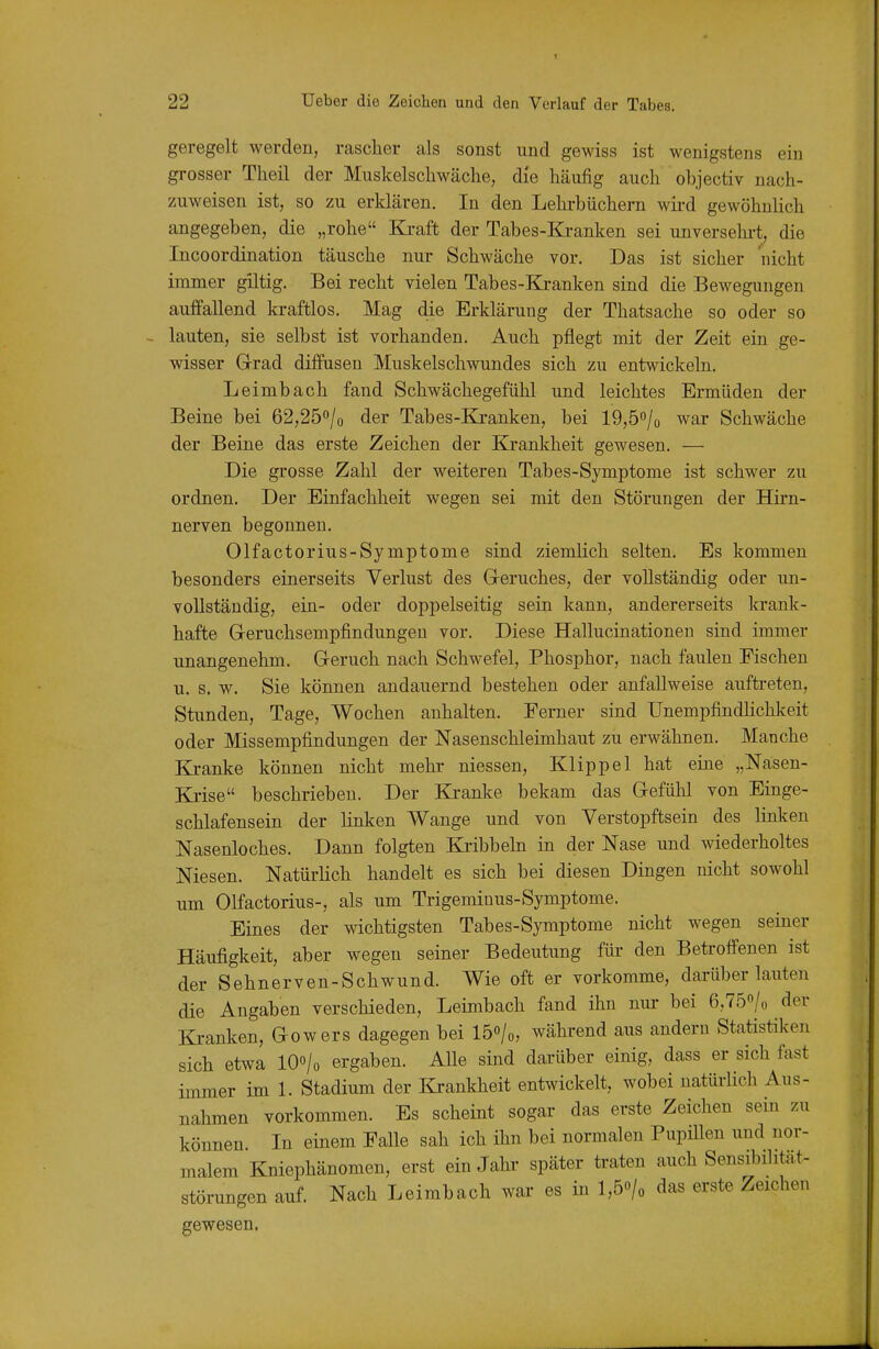 geregelt werden, rascher als sonst und gewiss ist wenigstens ein grosser Theil der Muskelschwäche, die häufig auch ohjectiv nach- zuweisen ist, so zu erklären. In den Lehrbüchern wii-d gewöhnlich angegeben, die „rohe Ki-aft der Tabes-Kranken sei unversehi't, die Incoordination täusche nur Schwäche vor. Das ist sicher 'nicht immer giltig. Bei recht vielen Tabes-Kranken sind die Bewegungen auffallend kraftlos. Mag die Erklärung der Thatsache so oder so lauten, sie selbst ist vorhanden. Auch pflegt mit der Zeit ein ge- wisser Grad diffusen Muskelschwundes sich zu entwickeln. Leimbach fand Schwächegefühl und leichtes Ermüden der Beine bei 62,25/o der Tabes-Kranken, bei 19,5o/o war Schwäche der Beine das erste Zeichen der Krankheit gewesen. — Die grosse Zahl der weiteren Tabes-Symptome ist schwer zu ordnen. Der Einfachheit wegen sei mit den Störungen der Hirn- nerven begonnen. Olfactorius-Symptome sind ziemlich selten. Es kommen besonders einerseits Verlust des Geruches, der vollständig oder un- vollständig, ein- oder doppelseitig sein kann, andererseits krank- hafte Geruchsempfindungeu vor. Diese Hallucinationen sind immer unangenehm. Geruch nach Schwefel, Phosphor, nach faulen Fischen u. s. w. Sie können andauernd bestehen oder anfallweise auftreten. Stunden, Tage, Wochen anhalten. Ferner sind UnempfindHchkeit oder Missempfindungen der Nasenschleimhaut zu erwähnen. Manche Kranke können nicht mehr niessen, Klippel hat eine „Nasen- Ki-ise beschrieben. Der Ki-anke bekam das Gefühl von Einge- schlafensein der linken Wange und von Verstopftsein des linken Nasenloches. Dann folgten Kribbeln in der Nase und wiederholtes Niesen. Natürlich handelt es sich bei diesen Dingen nicht sowohl um Olfactorius-, als um Trigeminus-Symptome. Eines der wichtigsten Tabes-Symptome nicht wegen seiner Häufigkeit, aber wegen seiner Bedeutung für den Betroffenen ist der Sehnerven-Schwund. Wie oft er vorkomme, darüberlauten die Angaben verschieden, Leimbach fand ihn nur bei 6,75o/o der Kranken, Gowers dagegen bei 15<»/o, während aus andern Statistiken sich etwa lOo/o ergaben. AUe sind darüber einig, dass er sich fast immer im 1. Stadium der Krankheit entwickelt, wobei natürlich Aus- nahmen vorkommen. Es scheint sogar das erste Zeichen sein zu können In einem Falle sah ich ihn bei normalen Pupülen und nor- malem Kniephänomen, erst ein Jahr später traten auch Sensibilität- störungen auf. Nach Leimbach war es in l,5o/o das erste Zeichen gewesen.